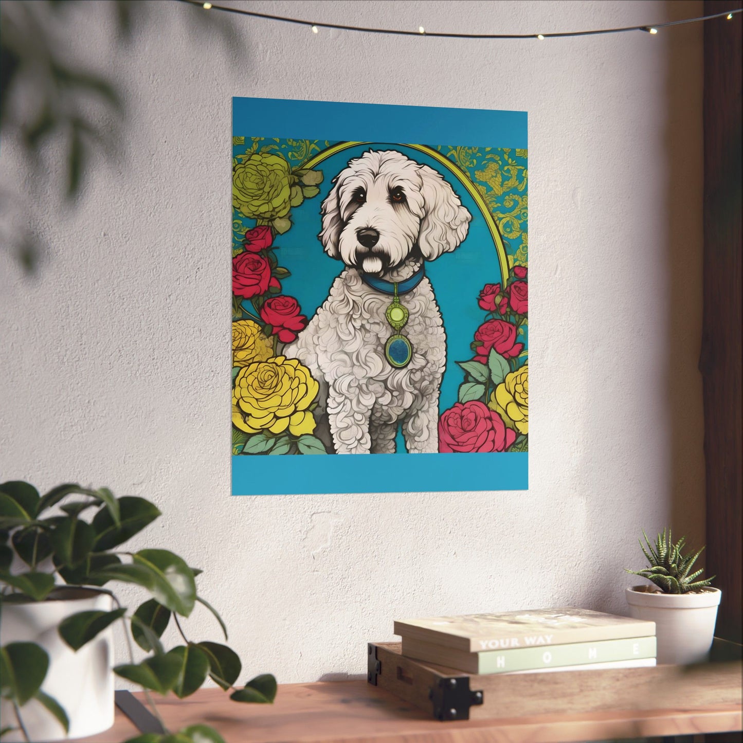 Floral Motif Art Poster - Elegant Matte Vertical Wall Decor - Golden Doodle In Turquoise & Roses