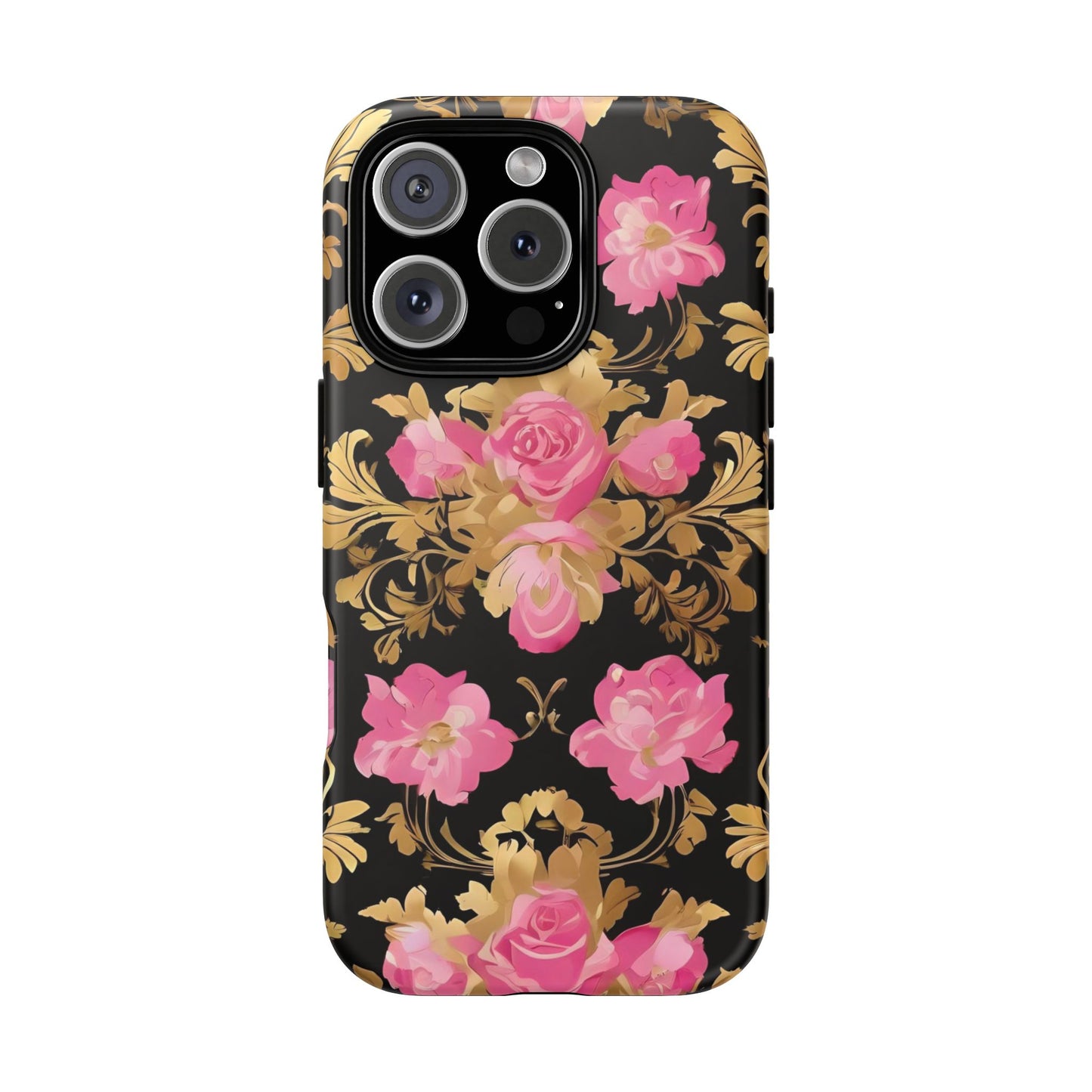 Elegant Floral Motif Phone Case - Tough Cases with Vintage Design - Pink & Gold Roses