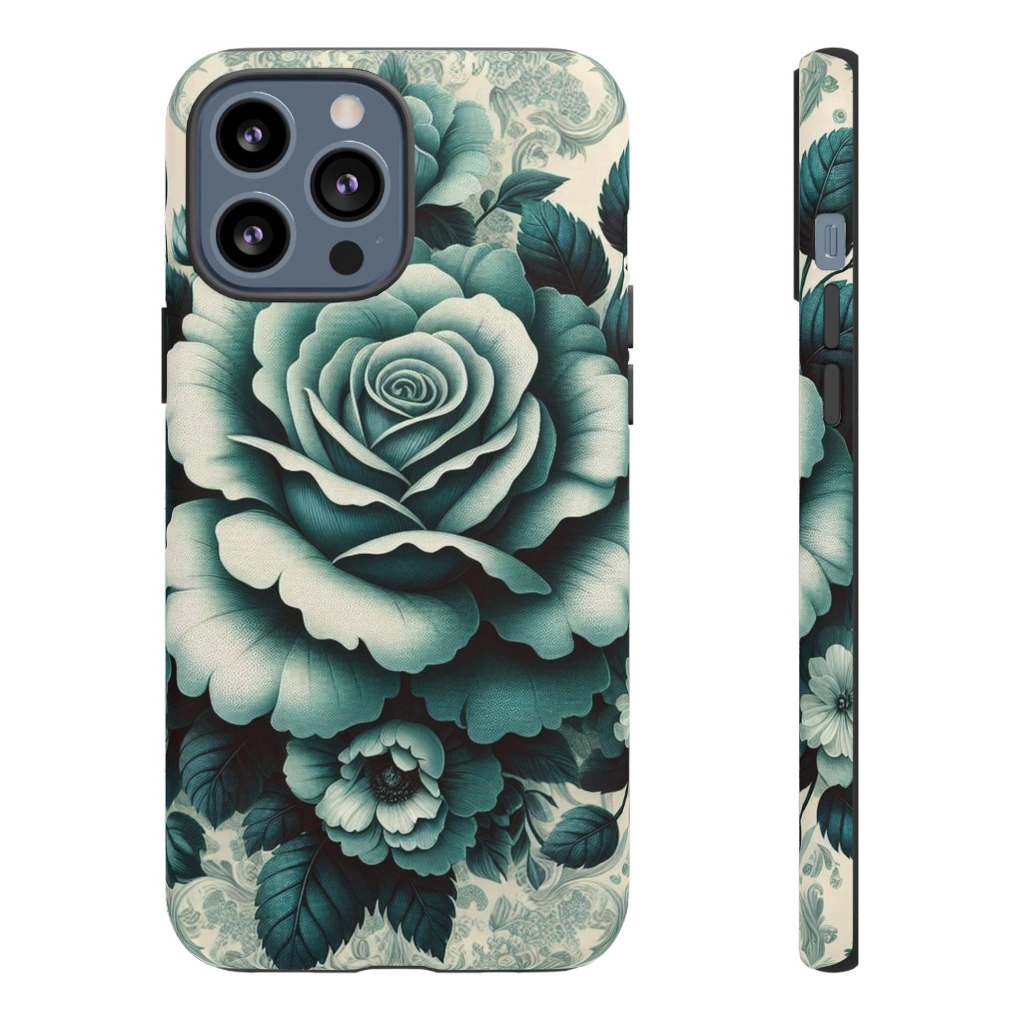 Elegant Floral Motif Phone Case - Tough Cases with Vintage Design - Teal Roses & Damask