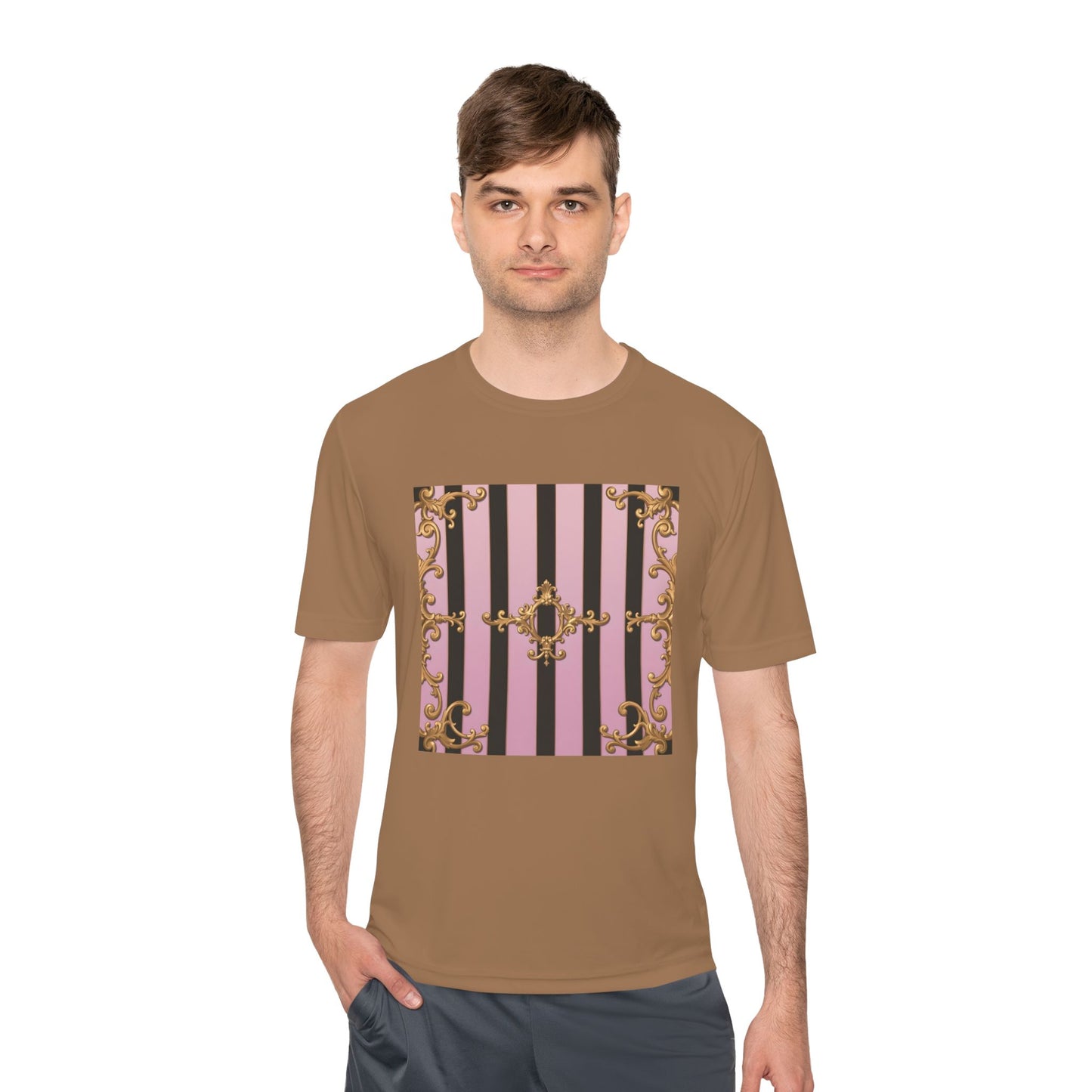Elegant Striped Unisex Moisture Wicking Tee, Stylish Workout T-Shirt, Fashionable Athletic Top - Matte Lavender & Black Striped Gold Baroque