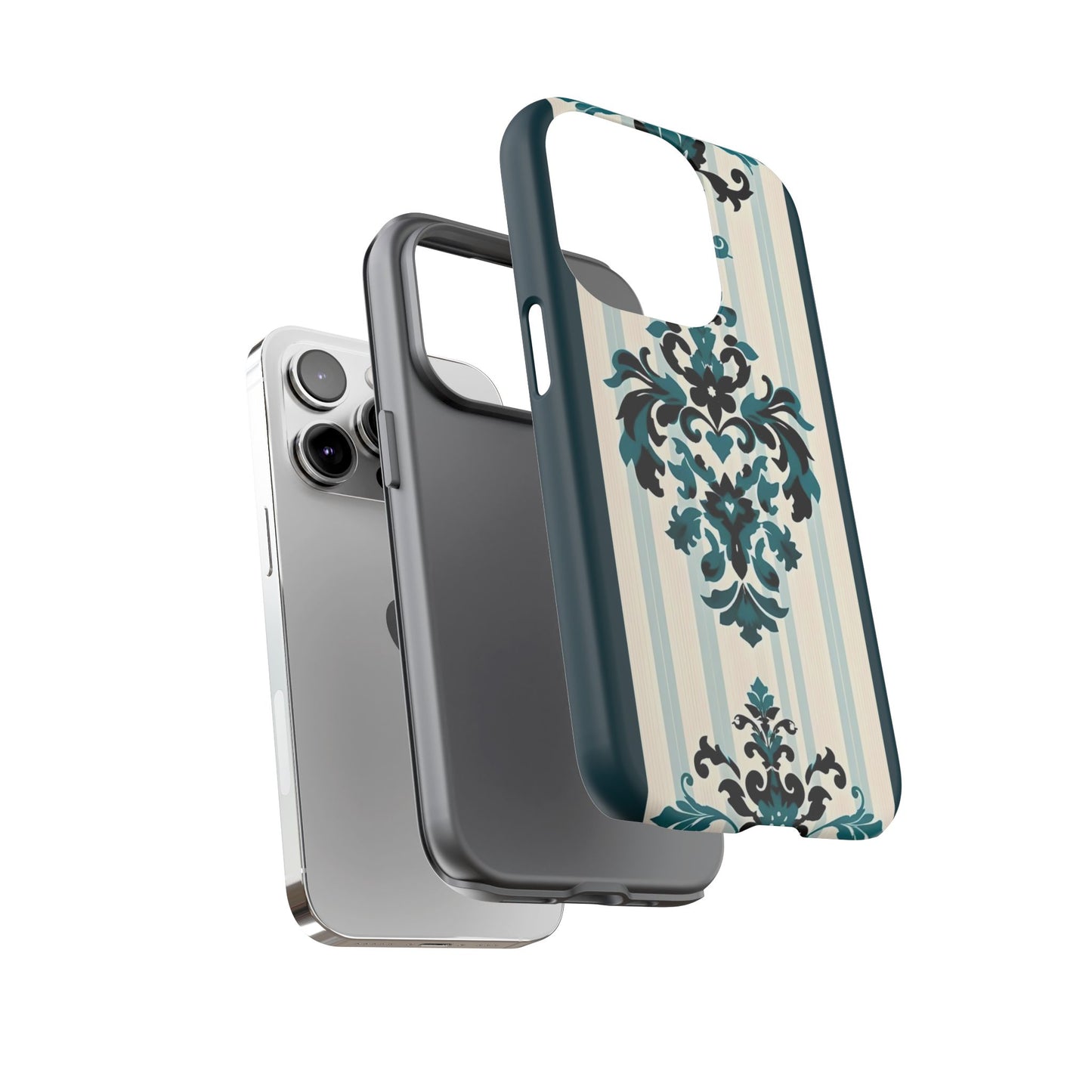 Elegant Floral Phone Case - Tough Cases with Vintage Design - Teal Striped Damask