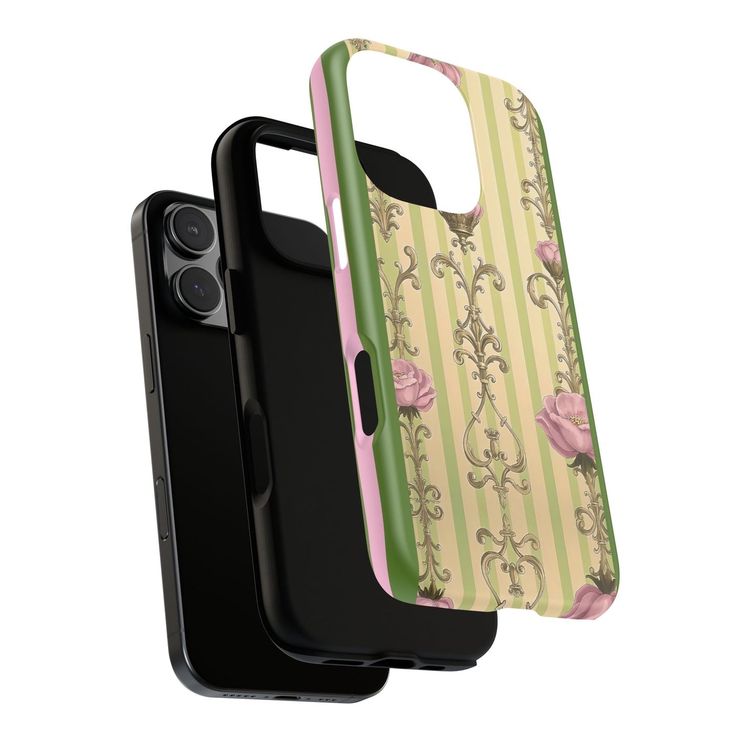 Elegant Floral Motif Phone Case - Tough Cases with Vintage Design - Lime Green & Pink Striped Damask