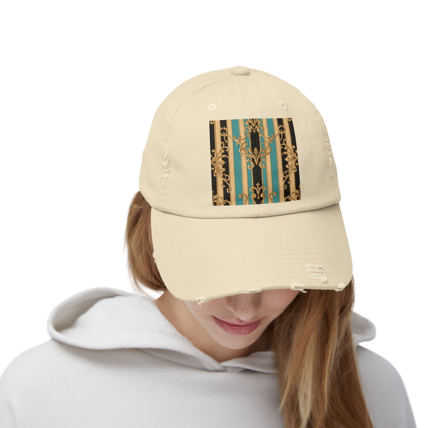 Distressed Black, Tan & Ocean Green Striped Gold Baroque Cap with Elegant Stripe Design | Vintage-Inspired Accessories, Unisex Casual Hat