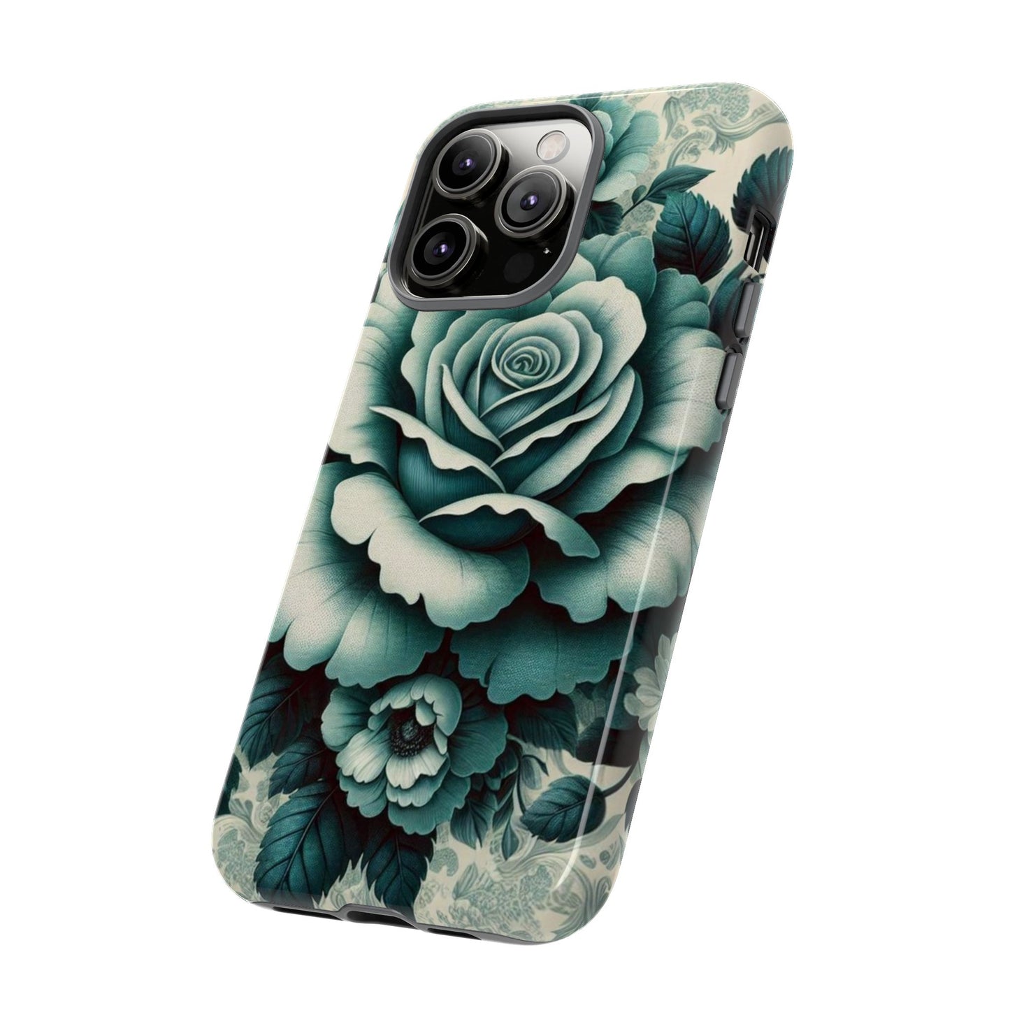 Elegant Floral Motif Phone Case - Tough Cases with Vintage Design - Teal Roses & Damask