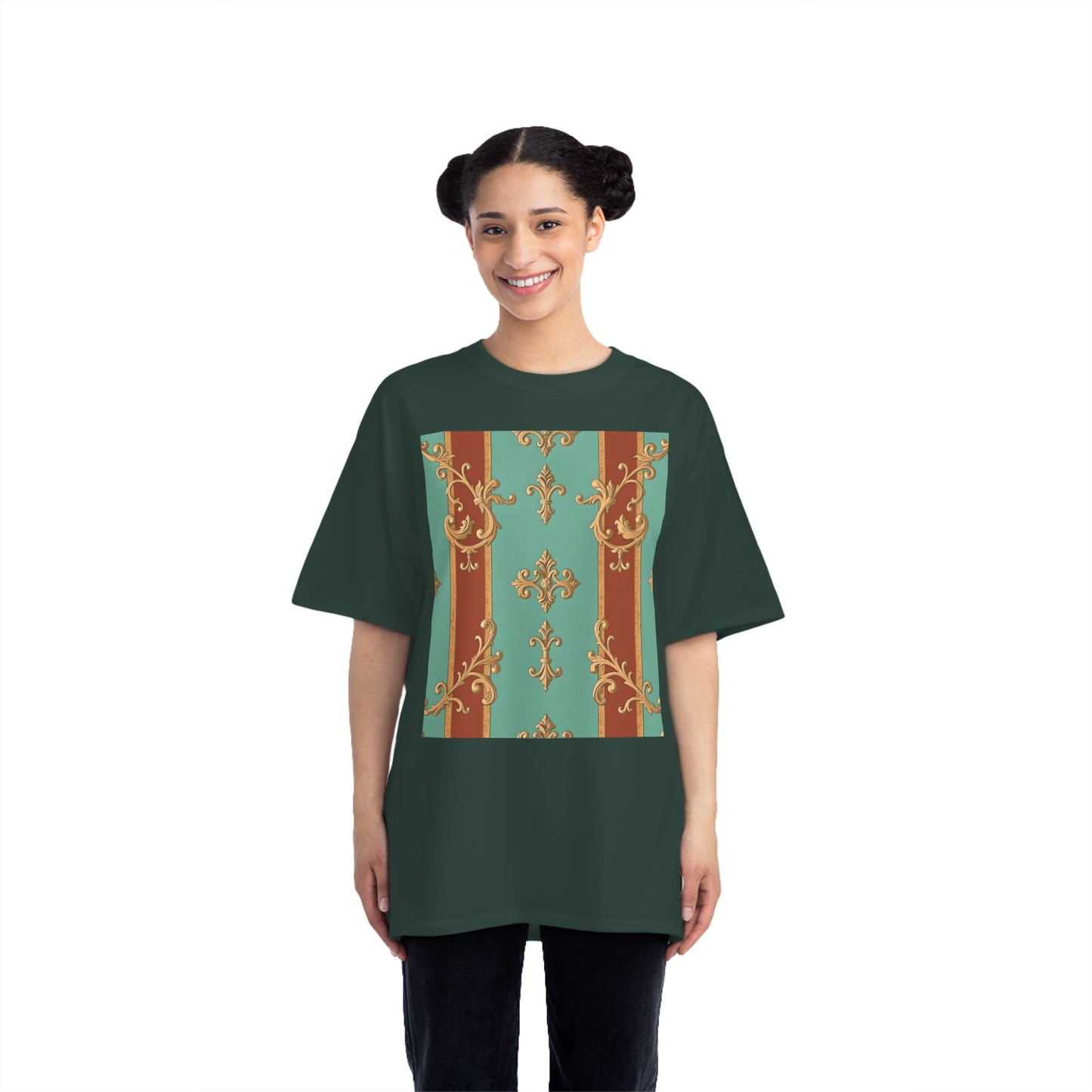 Elegant Vintage Patterned T-Shirt | Vintage Style Tee, Casual Wear, Retro Aesthetic - Rust & Mint Aqua Striped Baroque