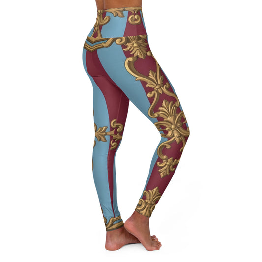 Stylish High Waisted Yoga Leggings with Elegant Pattern, Yoga Pants, Workout Leggings, Activewear - Sky Blue & Maroon Striped Baroque