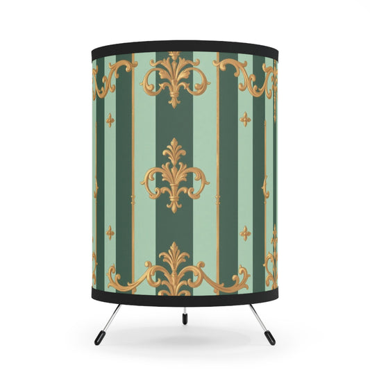 Elegant Vintage Tripod Lamp | High-Res Printed Shade | Home Decor, Bedroom Lighting - Mint Green & Teal Striped Gold Baroque