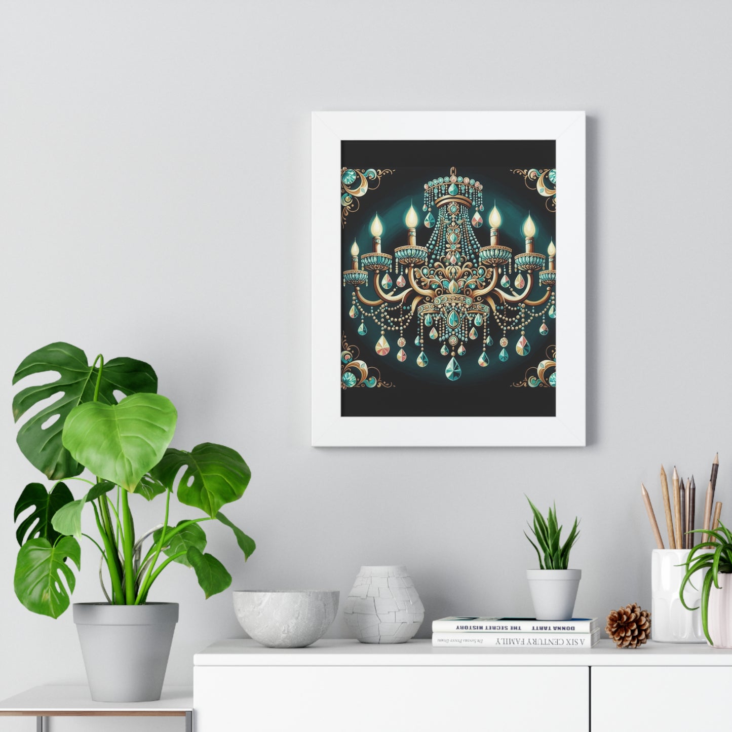 Elegant Chandelier Art Print, Framed Vertical Poster, Home Decor, Wall Art, Gift for Her, Luxury Interior Decoration - Teal Jeweled Chandelier