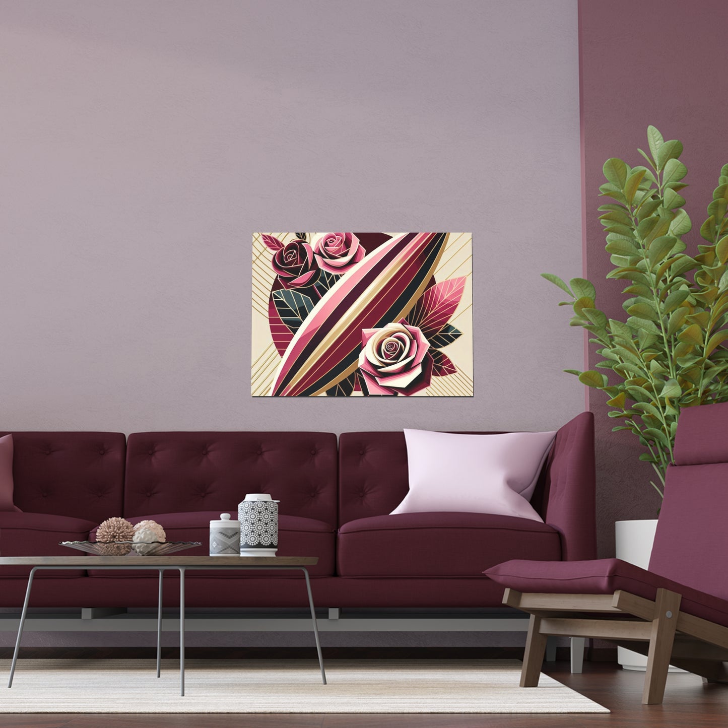 Elegant Floral Silk Poster - Indoor/Outdoor Wall Art for Home Decor - Pink & Burgundy Striped Surfboard & Roses