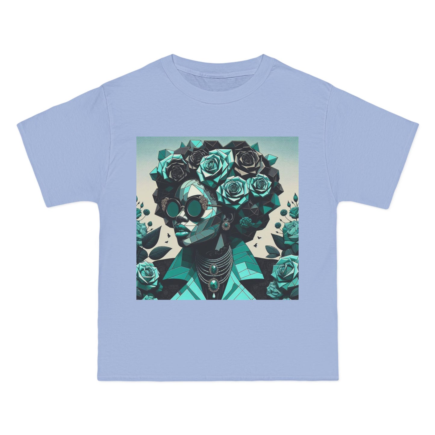 Trendy Floral Graphic Tee | Artistic Short-Sleeve Shirt, Fashionable Summer Top, Chic Gift for Her - Turquoise & Black Roses Lady
