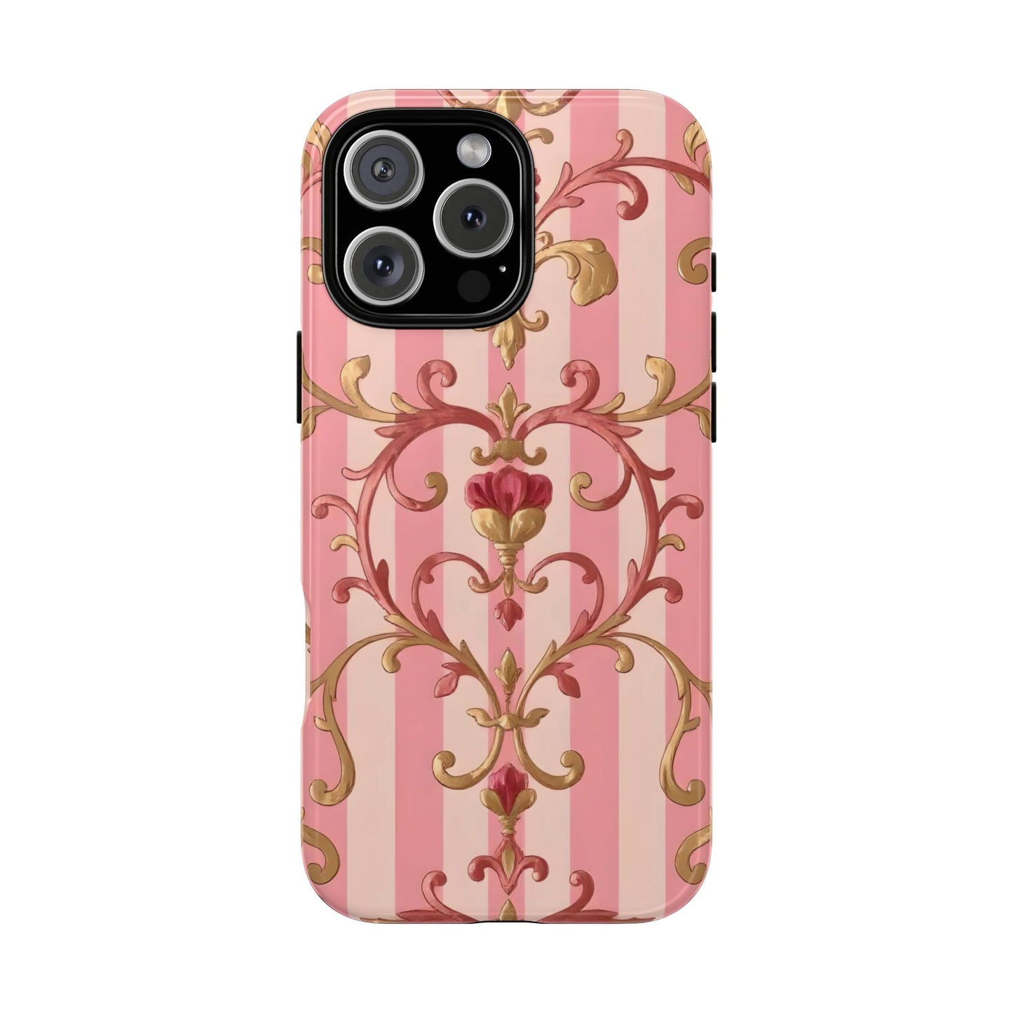 Elegant Floral Motif Phone Case - Tough Cases with Vintage Design - Pink Striped Rose Gold Damask