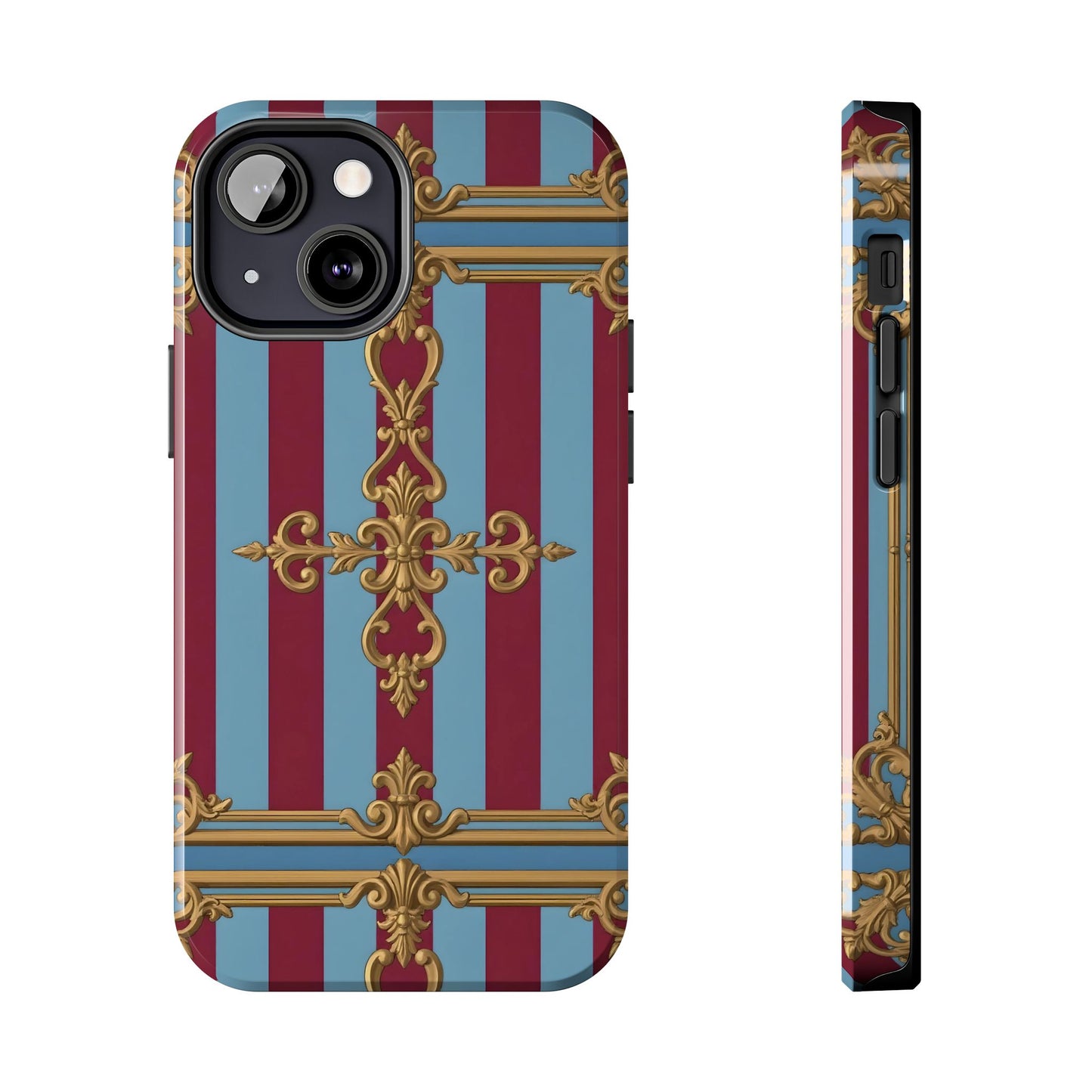 Elegant Patterned Tough Phone Cases, Stylish Phone Cover, Durable Phone Protection, Unique Gift Idea - Sky Blue & Maroon Striped Baroque