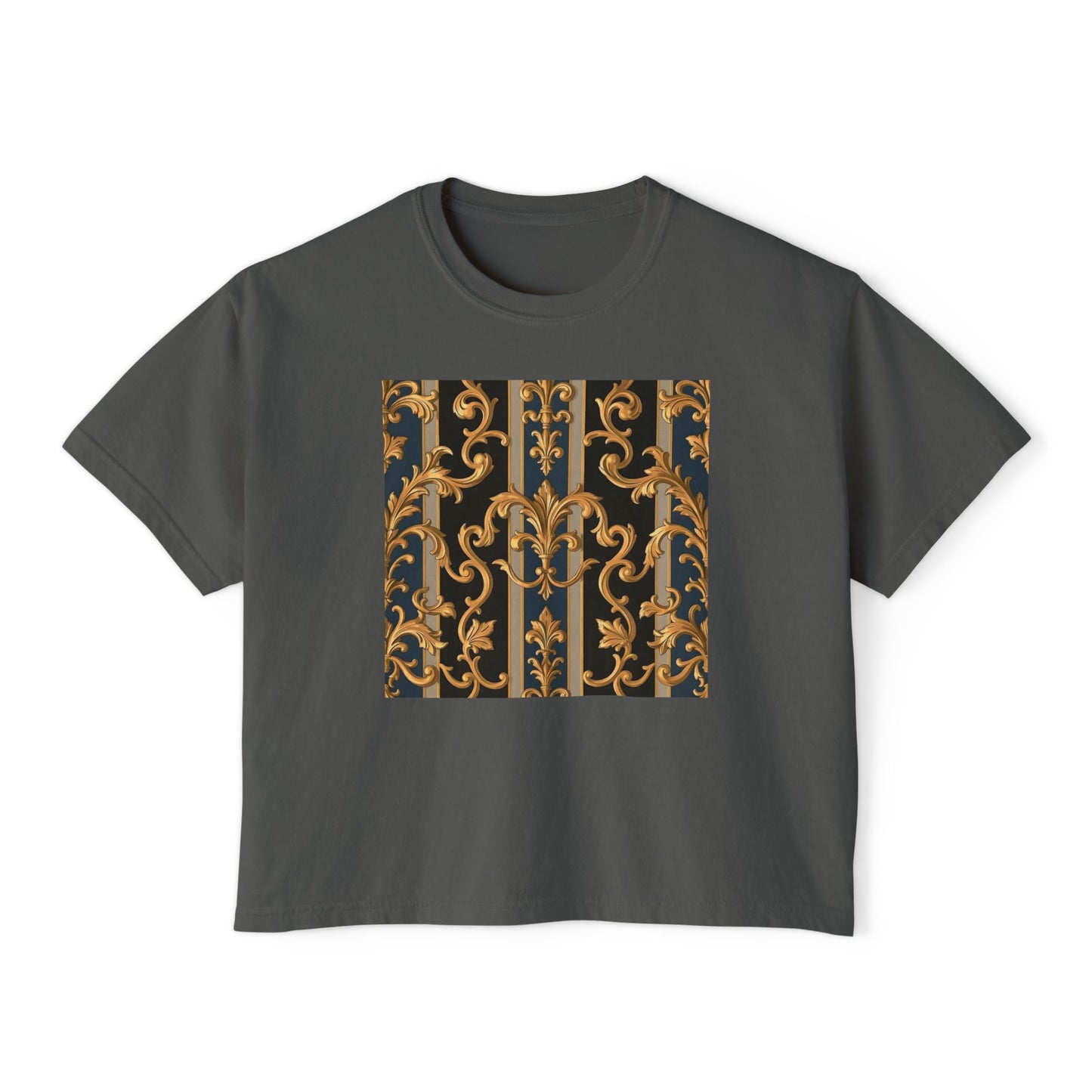 Chic Women's Boxy Tee with Elegant Gold Design, Casual T-Shirt, Stylish Summer Top - Blue & Black Striped Rococo