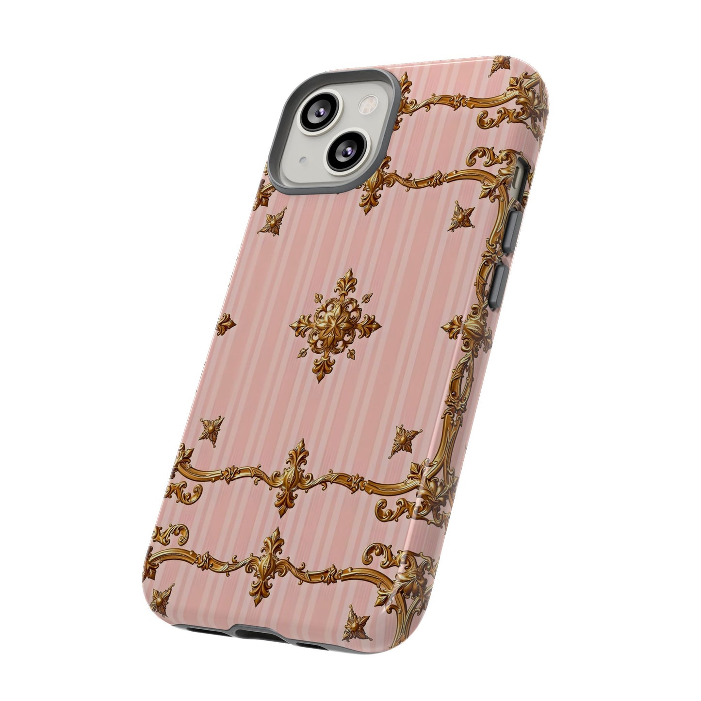 Elegant Floral Phone Case, Tough Cases for Women, Trendy Phone Cover, Chic Gift - Pink Striped Gold Baroque