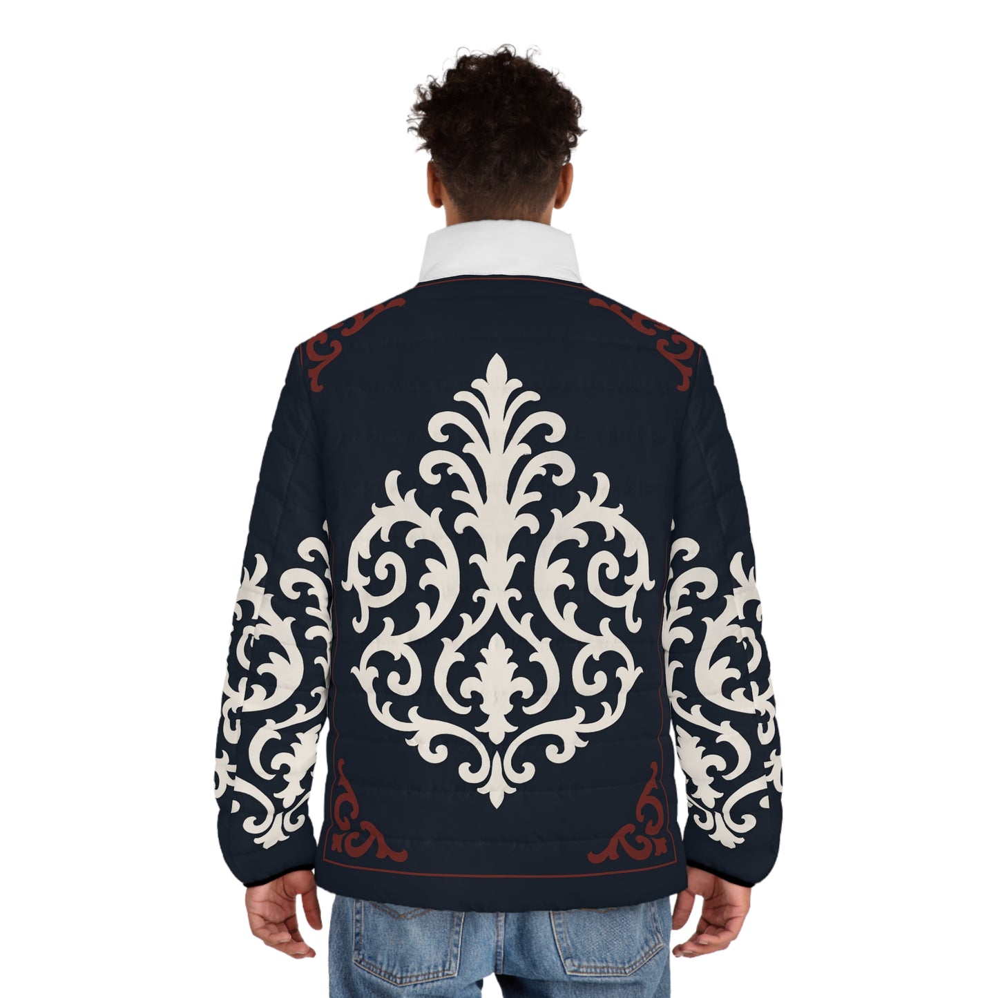 Dusk Blue & Maroon-White Baroque Men's Puffer Jacket — Baroque Pattern Quilted Coat