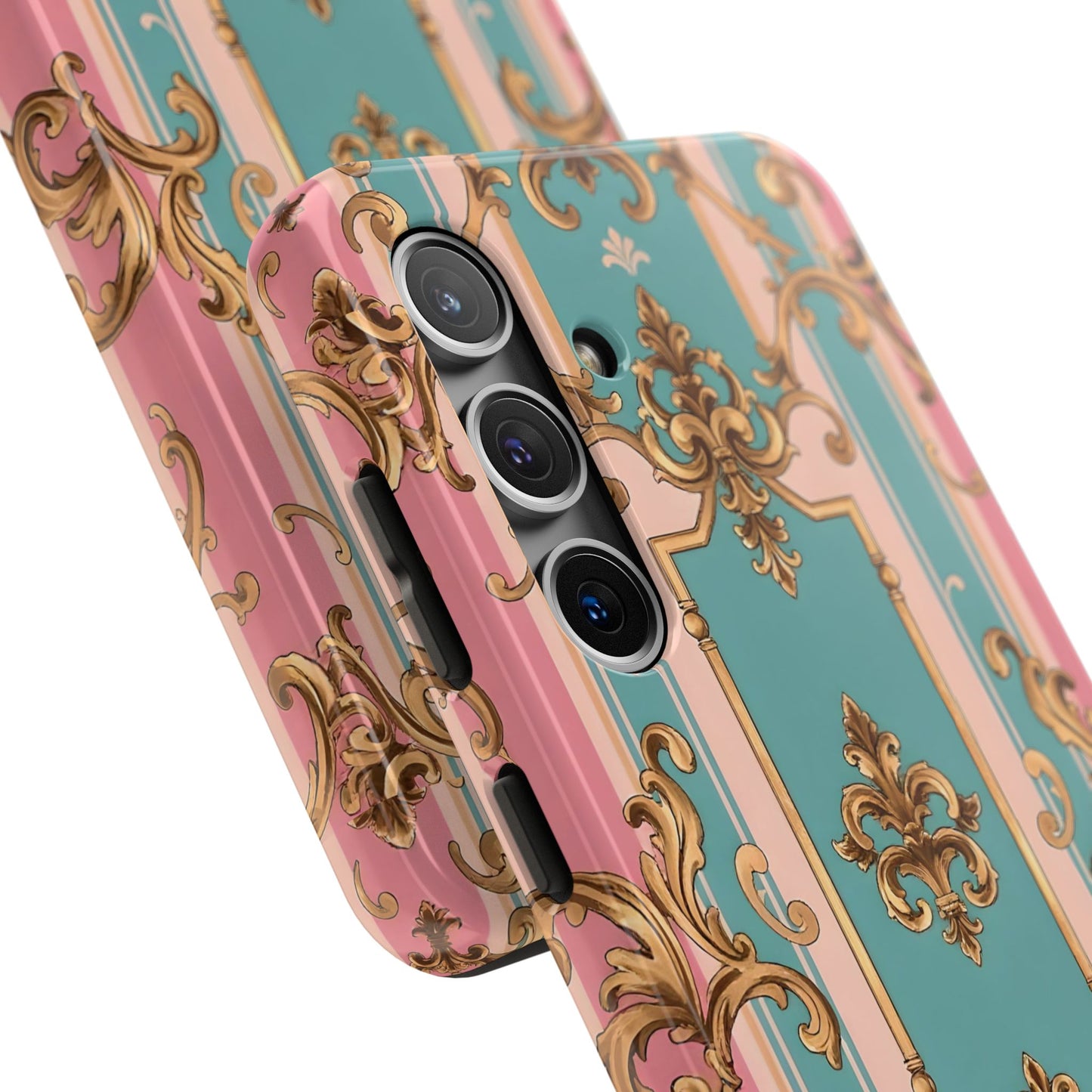 Elegant Floral Tough Phone Case, Artistic Phone Cover, Gift for Her, Chic Phone Accessory - Pink & Matte Turquoise Striped Rococo