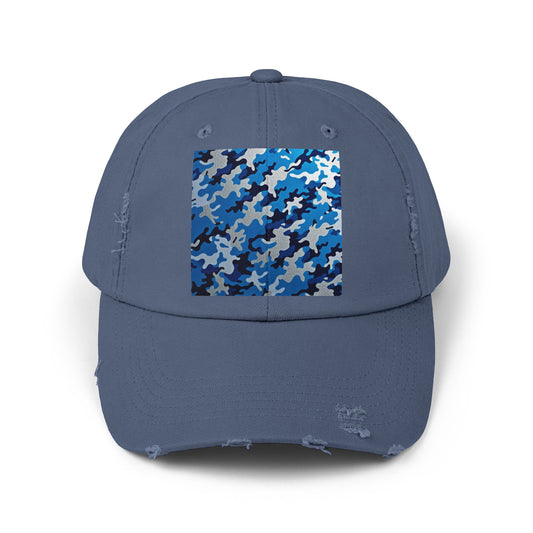 Stylish Unisex Distressed Cap, Casual Summer Hat, Trendy Gift for Him/Her, Comfortable Everyday Accessory - Blue Camo