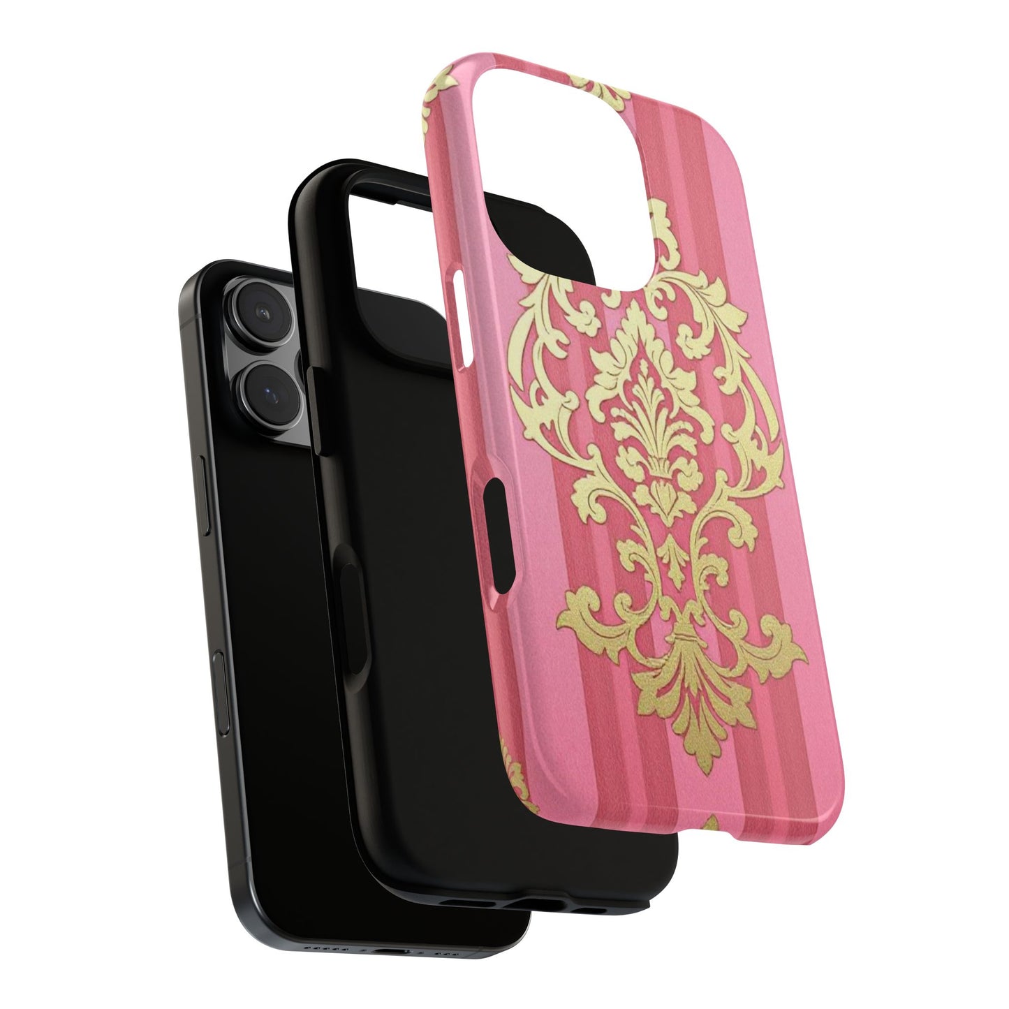 Elegant Floral Motif Phone Case - Tough Cases with Vintage Design - Pink Striped Damask