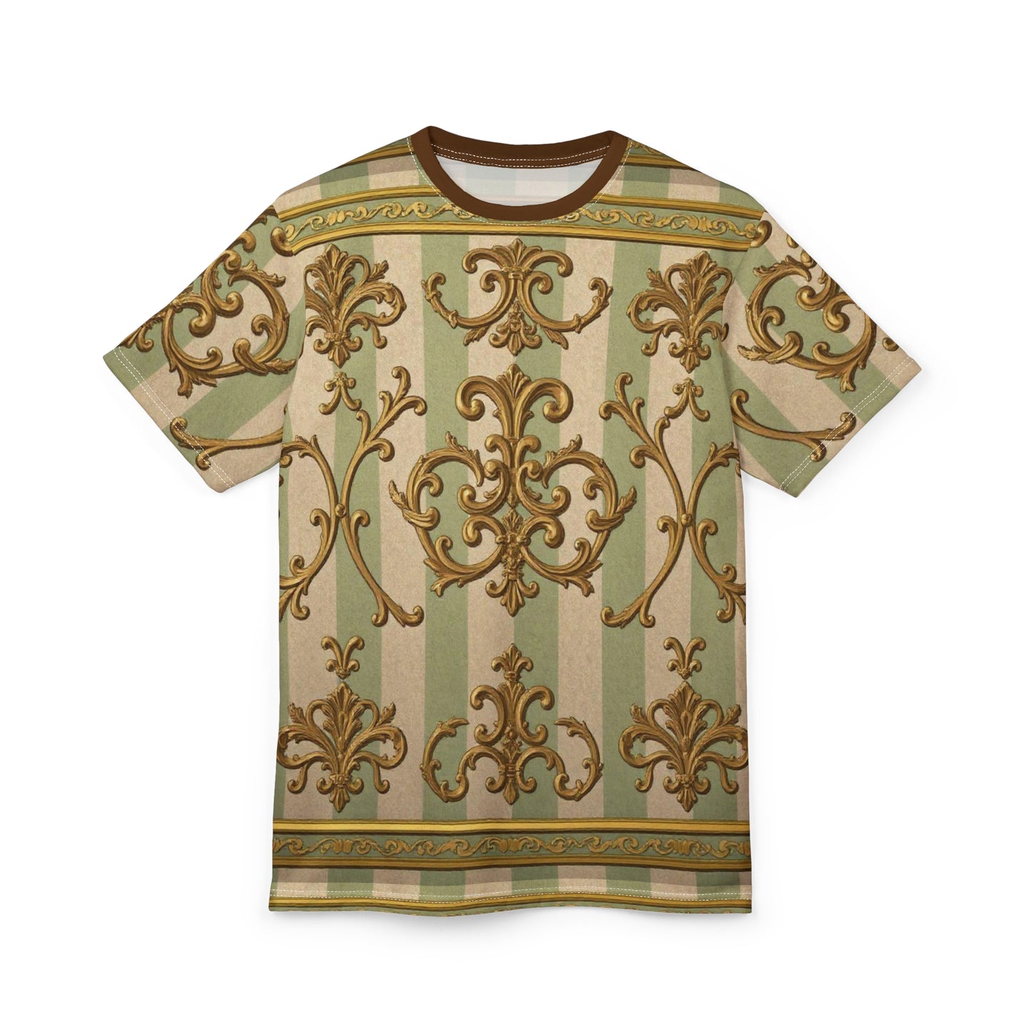 Elegant Vintage Pattern Unisex Tee, Boho Shirt, Gift for Her, Fashion Statement Tee, Summer Casual Wear - Mint & Beige Striped Gold Baroque
