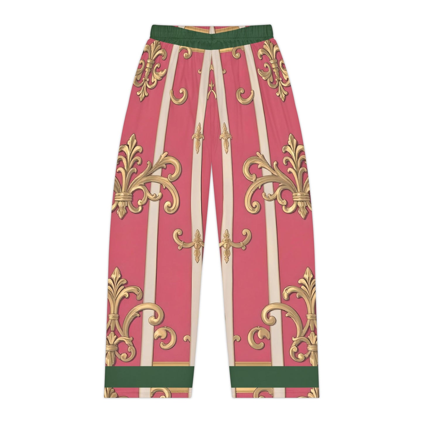 Elegant Women's Pajama Pants, Green Border Pink Striped Baroque Lounge Pants, Cozy Sleepwear, Chic Nightwear, Home Relaxation