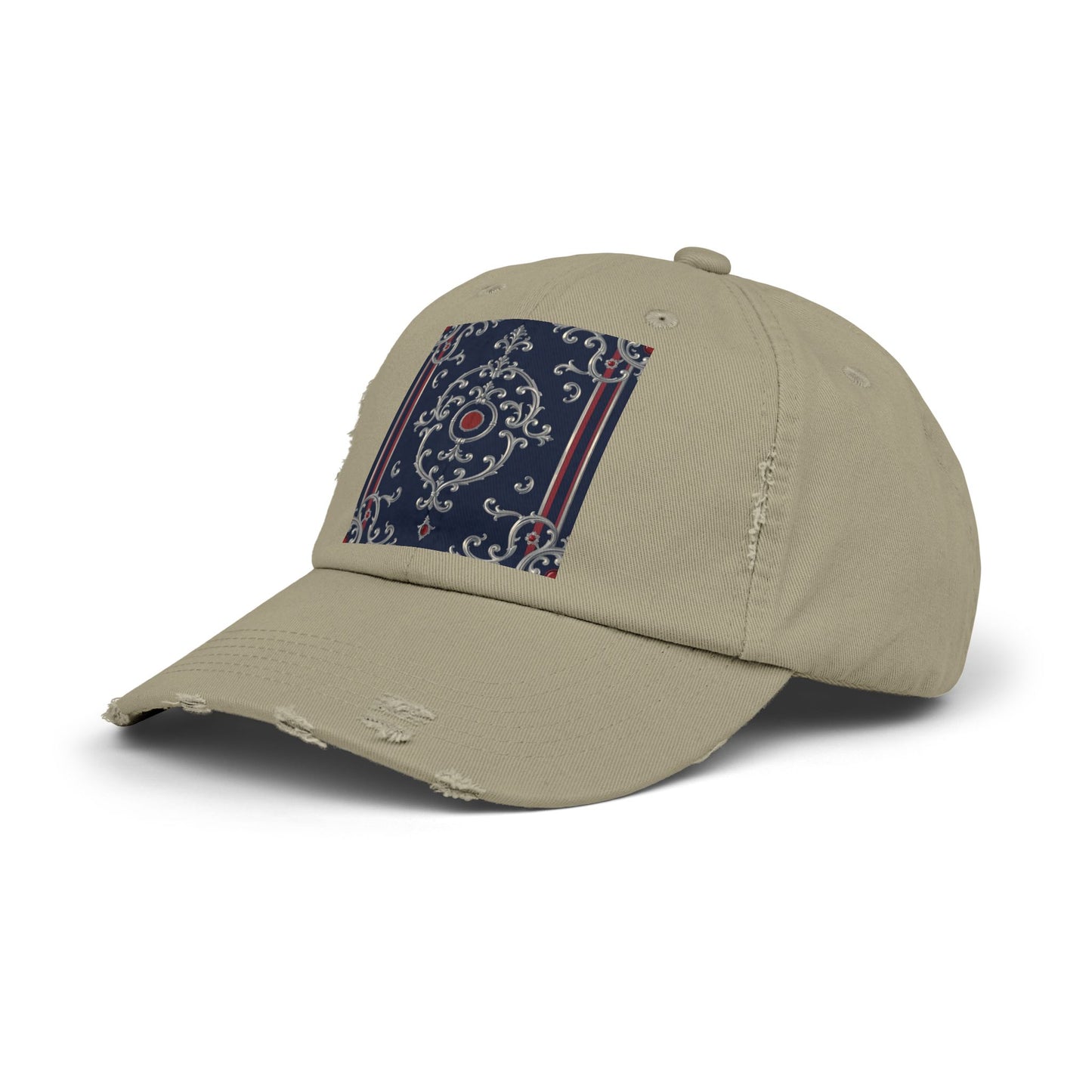 Stylish Unisex Distressed Cap with Ornate Design, Casual Hat for Outdoor Adventures, Beach Days - Blue & Red Silver Baroque