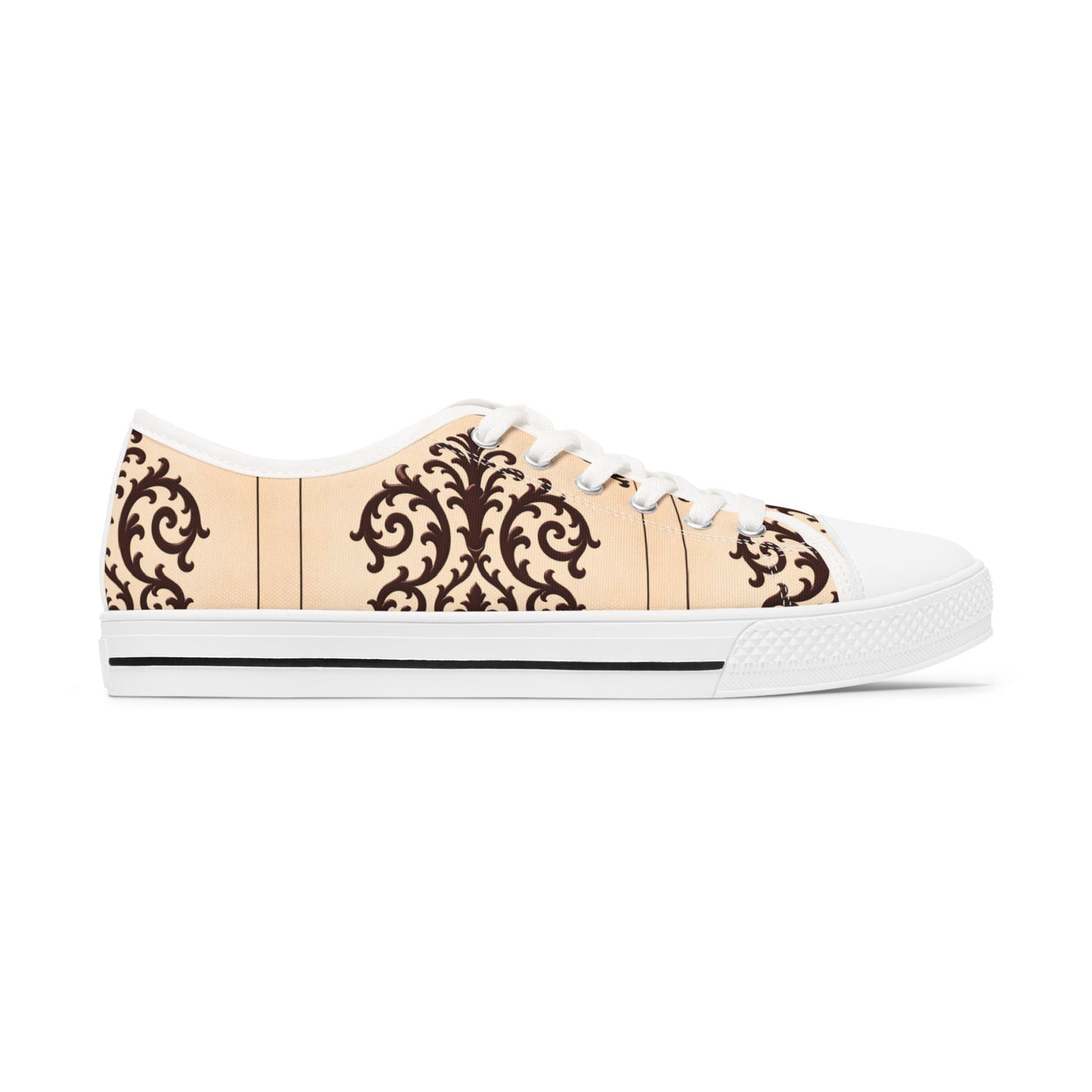 Almond-Beige & Brown Baroque Pattern Women's Low Top Sneakers — Elegant Vintage Baroque Design