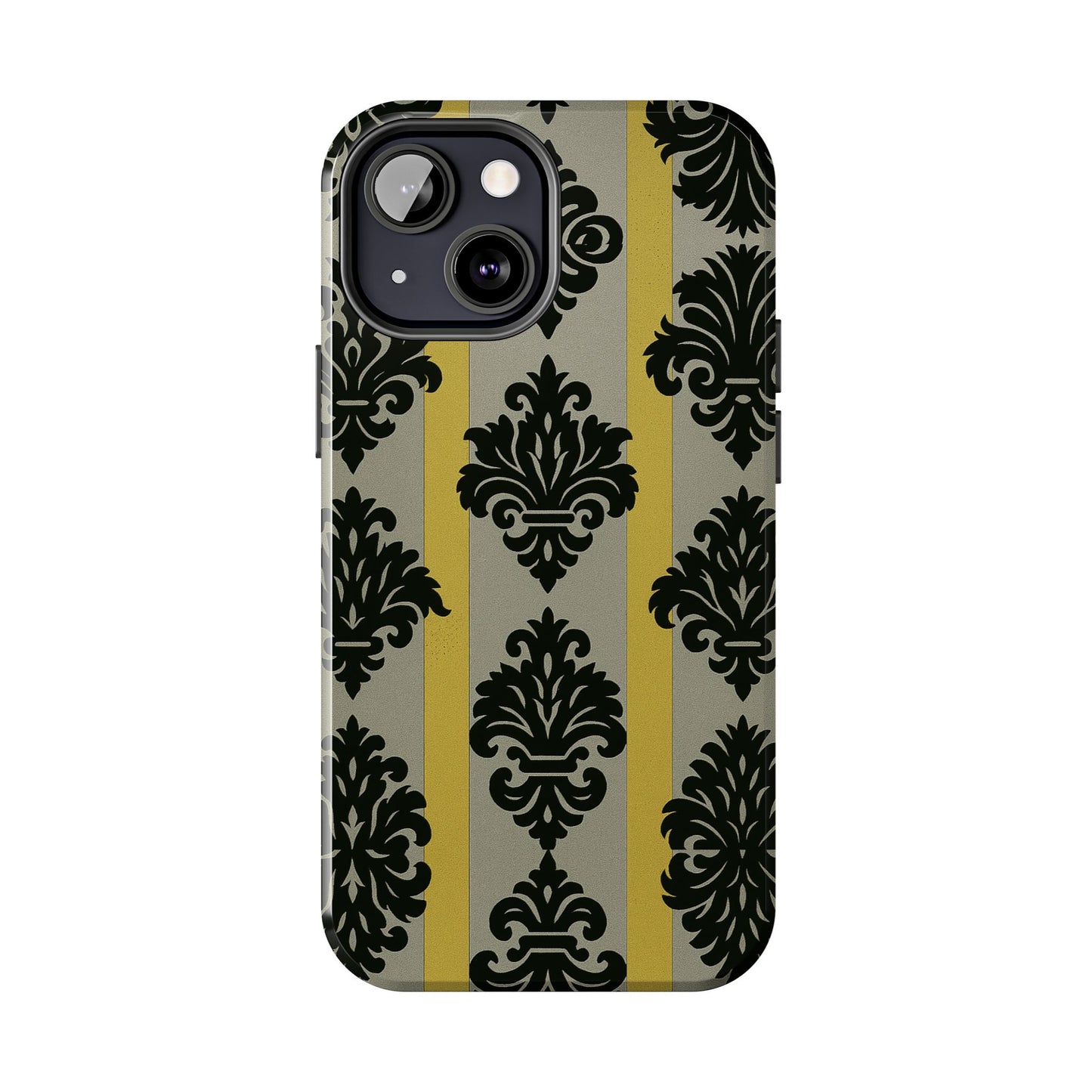 Elegant Baroque Tough Phone Cases | Chic Phone Protection | Gift for Her | Stylish Accessory | Holiday Gift Idea | Silver & Gold Striped Black Baroque