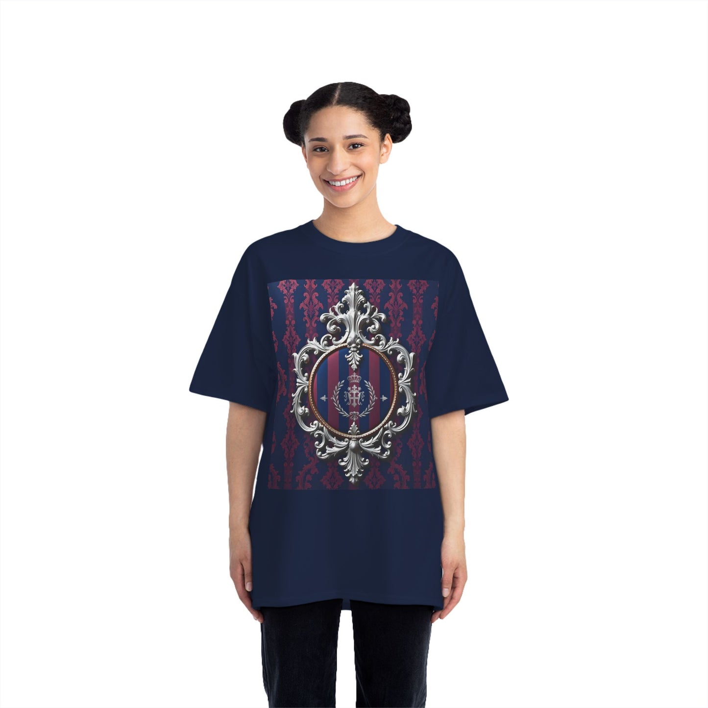 Elegant Unisex Graphic T-Shirt - Vintage Inspired, Casual Wear, Unique Gift, Art Tee, Fashion Statement - Blue & Plum Striped Silver Crest