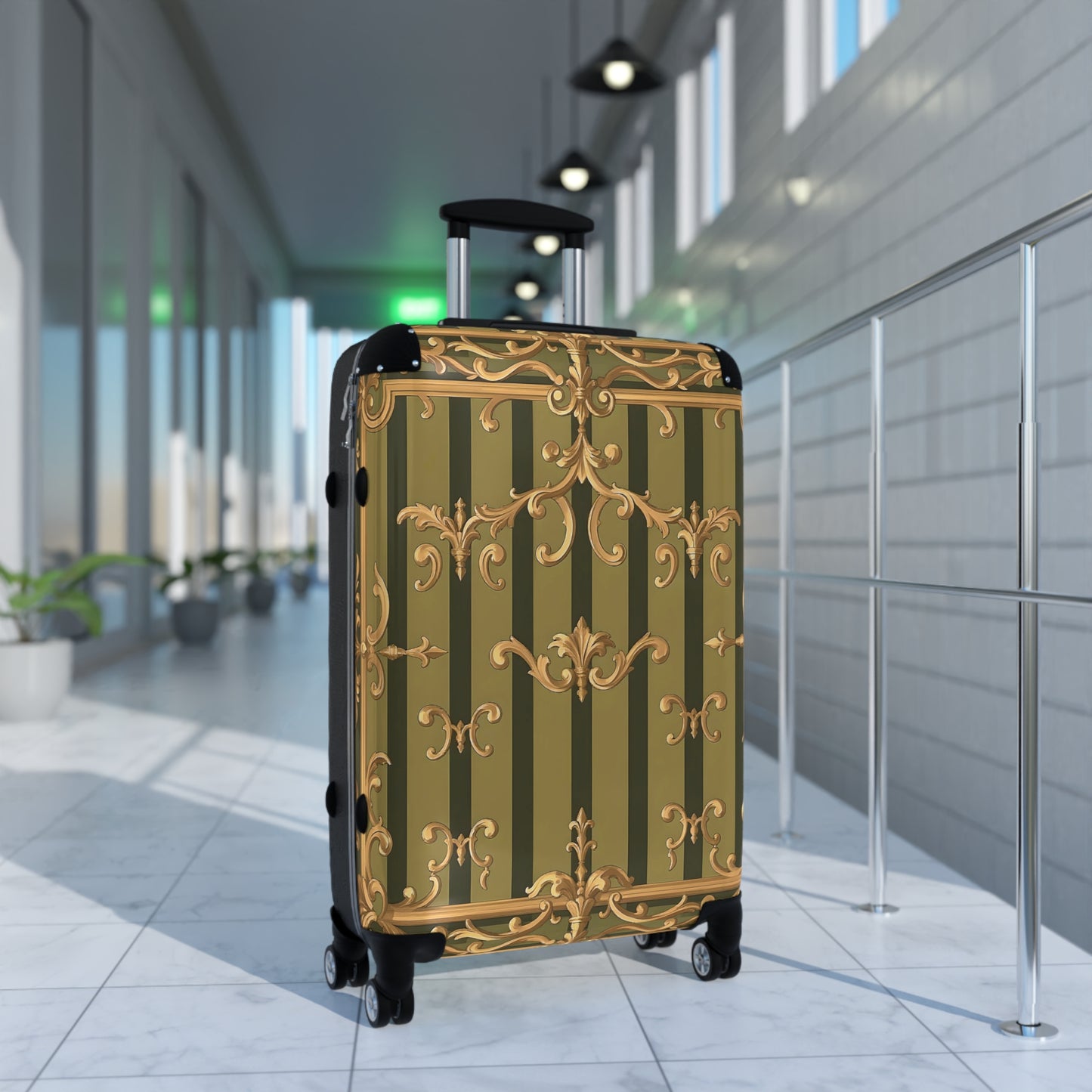 Ornate Travel Suitcase, Stylish Luggage for Adventurers, Vintage-Inspired Carry-On - Olive Green Striped Rococo