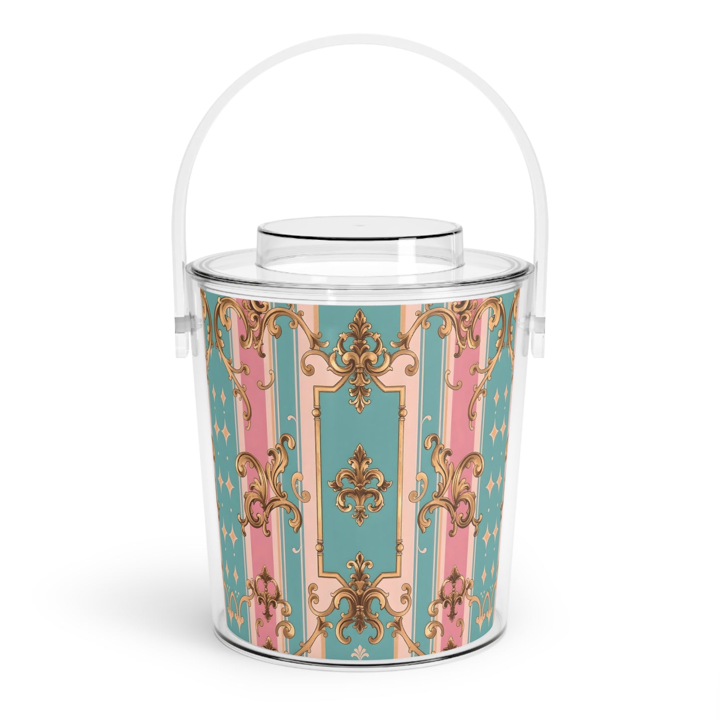 Chic Decorative Ice Bucket with Tongs, Elegant Party Cooler, Summer Beverage Chiller - Pink & Matte Turquoise Striped Rococo