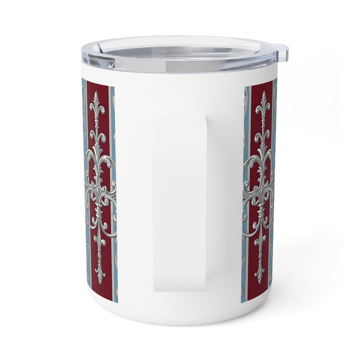 Elegant Insulated Coffee Mug - 10oz Decorative Travel Cup - Ice Blue & Burgundy Striped Baroque
