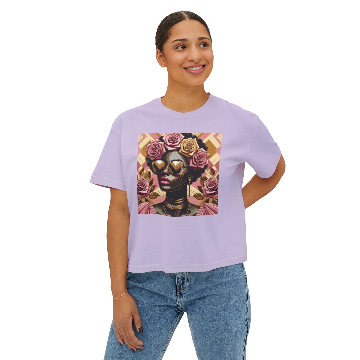 Chic Floral Graphic Women's Boxy Tee, Casual T-Shirt, Summer Fashion, Gift for Her, Everyday Wear - Pink Roses Lady