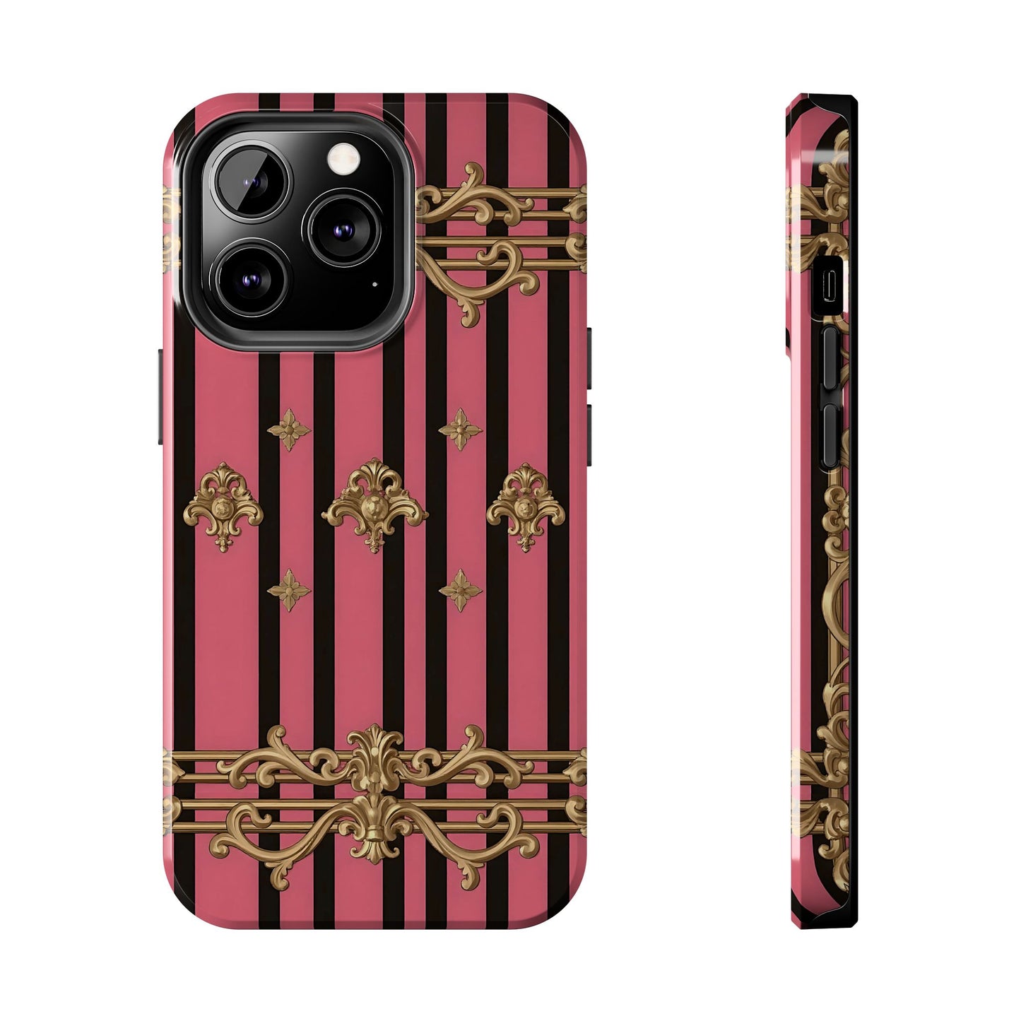 Elegant Floral Phone Cases, Stylish Protective Case for Trendy Individuals, Unique Gift for Tech Lovers, Phone Accessories - Pink Striped Gold Rococo