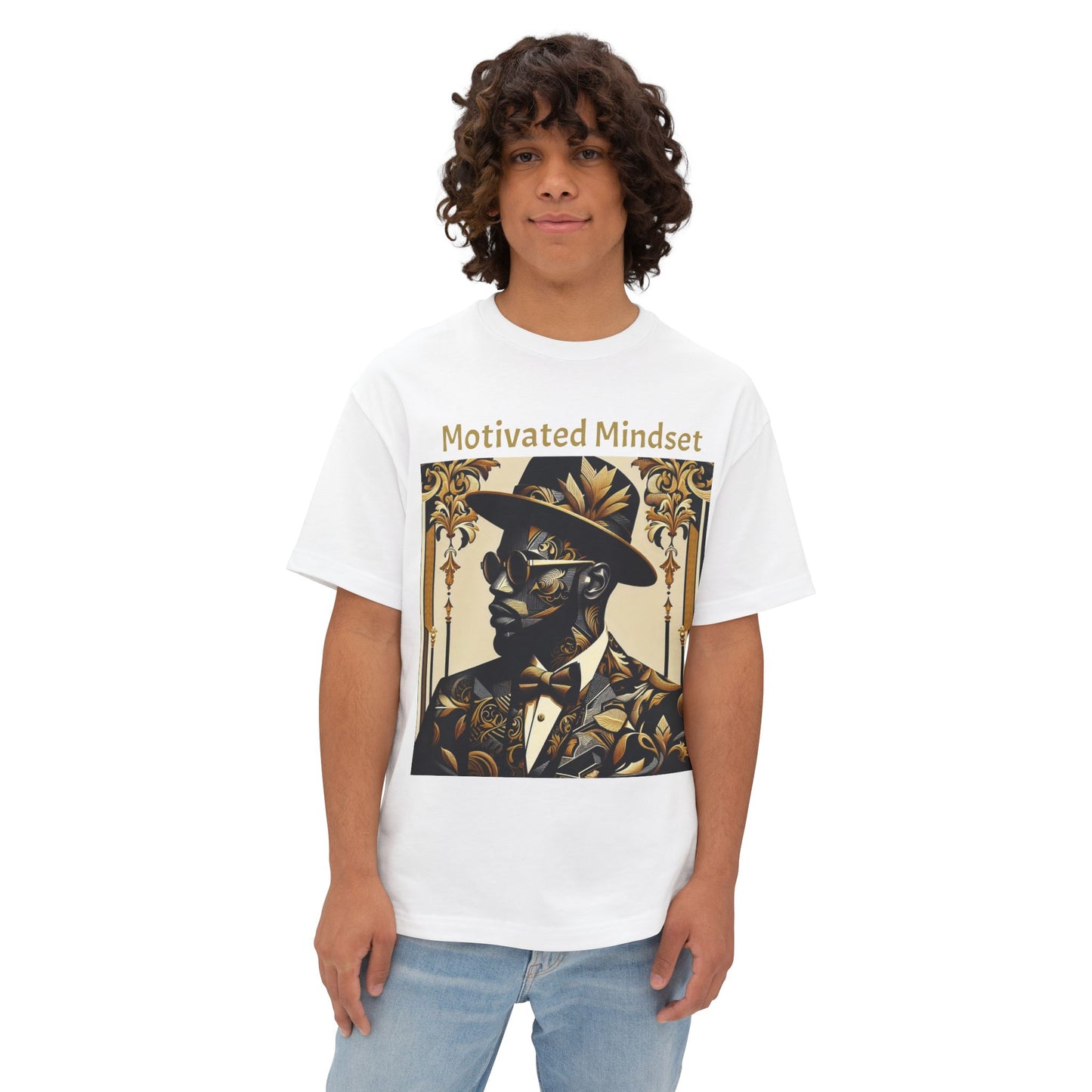 Motivated Mindset Boxy Tee - Unisex Oversized T-Shirt for Inspiration, Casual Wear, Gifts, Motivation, Self-Care - Gold Letters