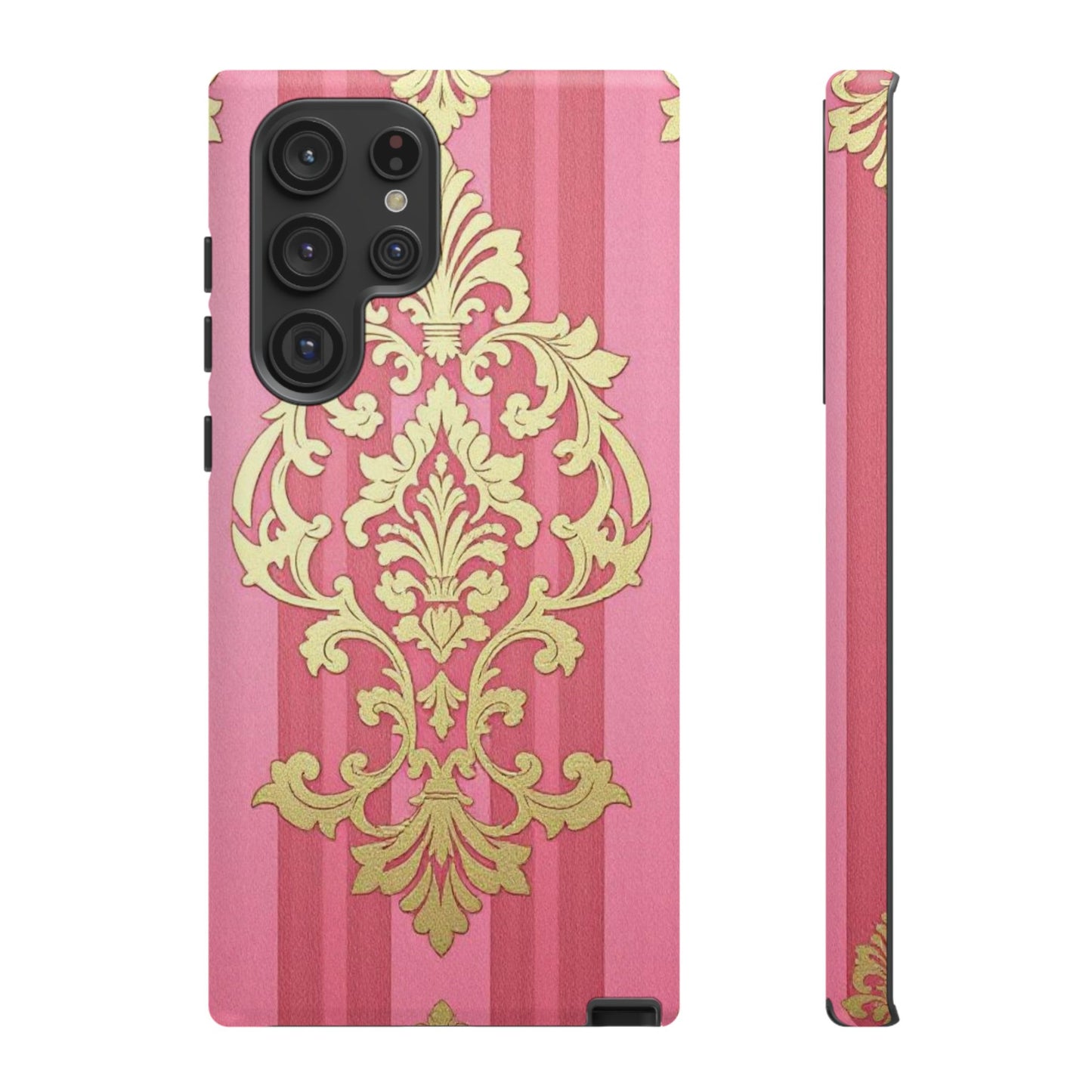 Elegant Floral Motif Phone Case - Tough Cases with Vintage Design - Pink Striped Damask