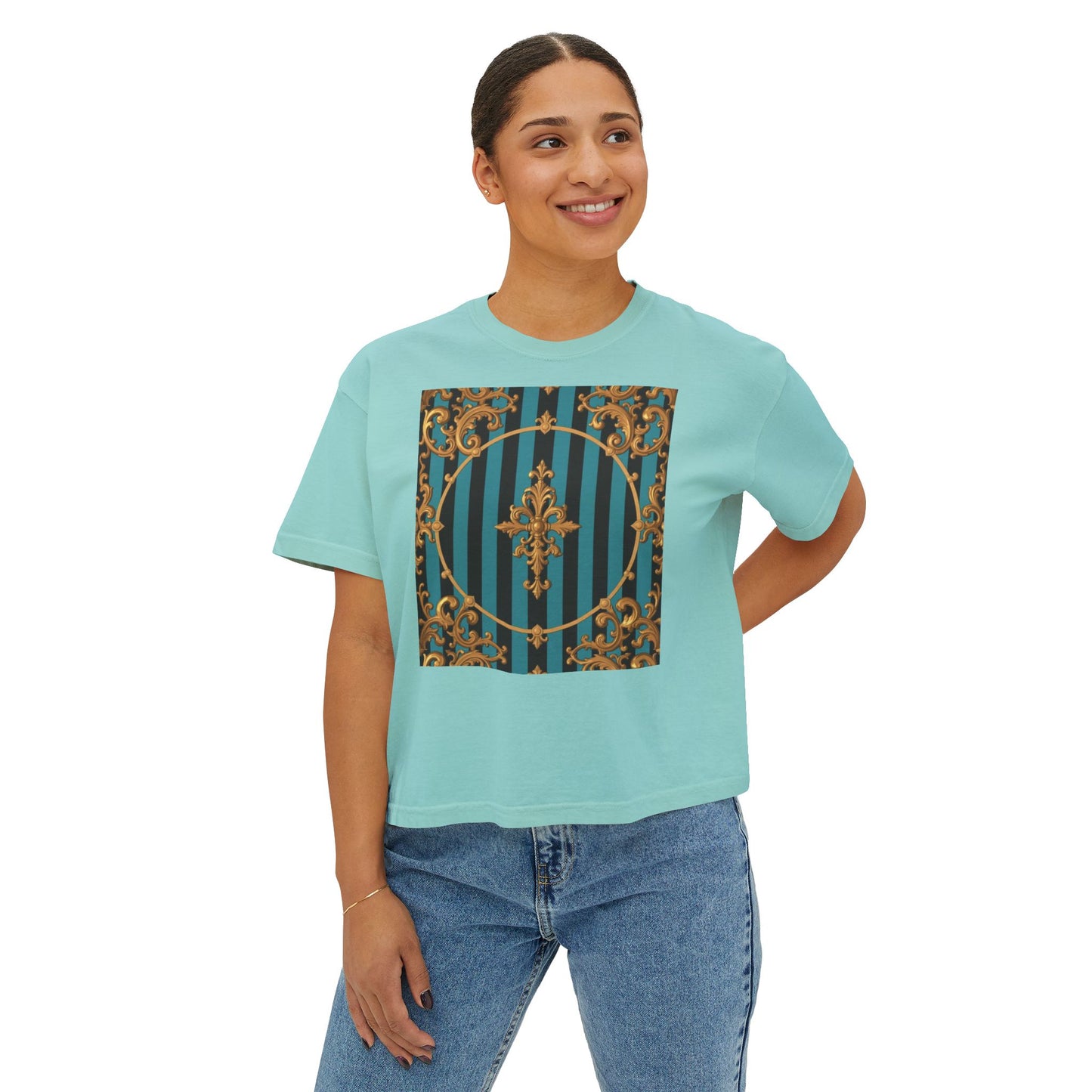 Chic Turquoise & Black Striped Gold Baroque Women's Boxy Tee with Vintage Inspired Design, Perfect for Casual Outings