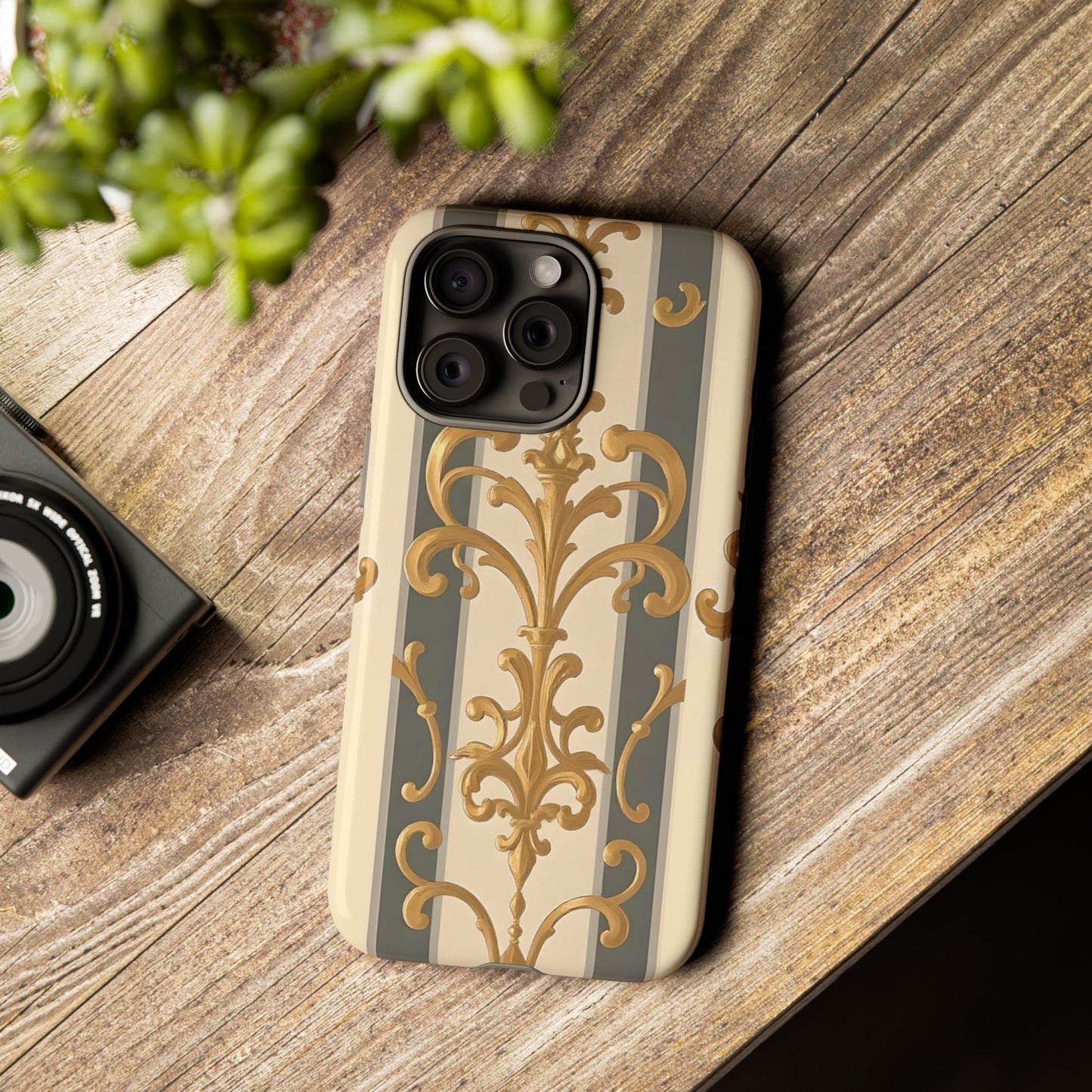 Elegant Floral Motif Phone Case - Tough Cases with Vintage Design - Dusk Olive Striped Gold Damask