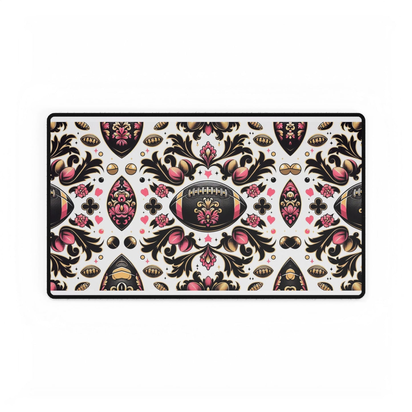 Desk Mat - Elegant Floral Motif for Home Office Decor - Pink, White, Gold & Black Damask Footballs