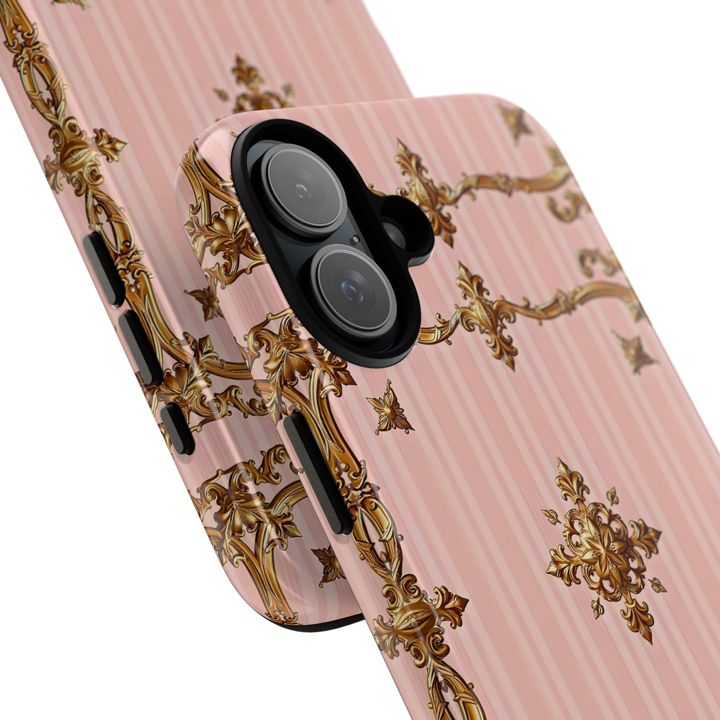Elegant Floral Phone Case, Tough Cases for Women, Trendy Phone Cover, Chic Gift - Pink Striped Gold Baroque