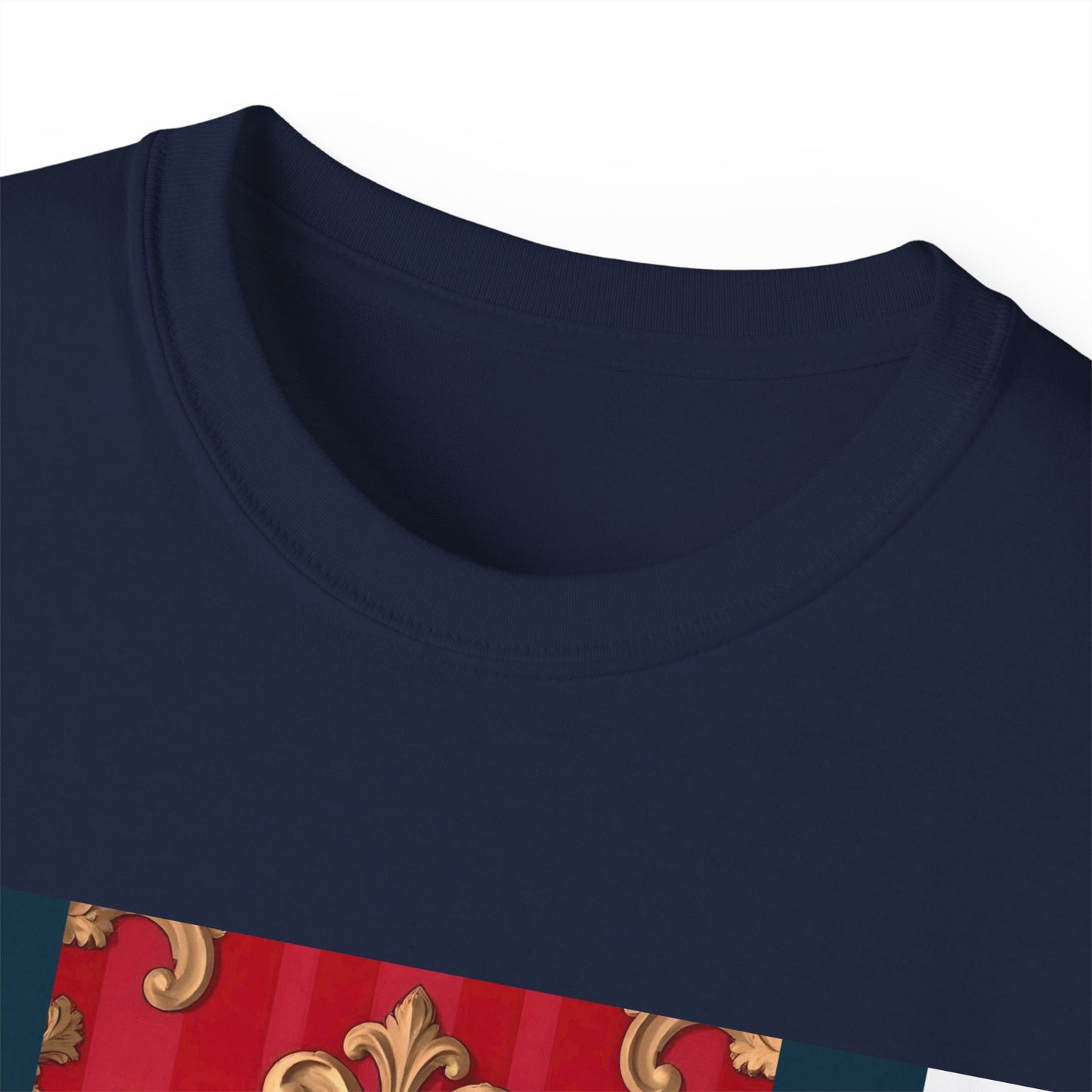 Regal Red Baroque T-Shirt, Artistic Tee, Gift for Art Lovers, Fashionable Statement Shirt, Unique Graphic Top - Blue, Red & White Striped Baroque