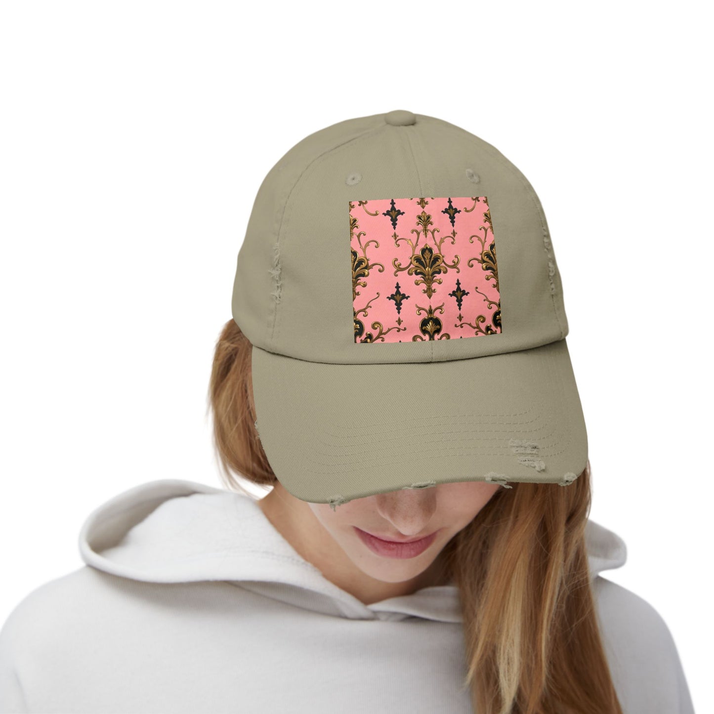 Chic Distressed Cap, Fashionable Baseball Hat, Casual Summer Headwear - Pink, Black & Gold Rococo