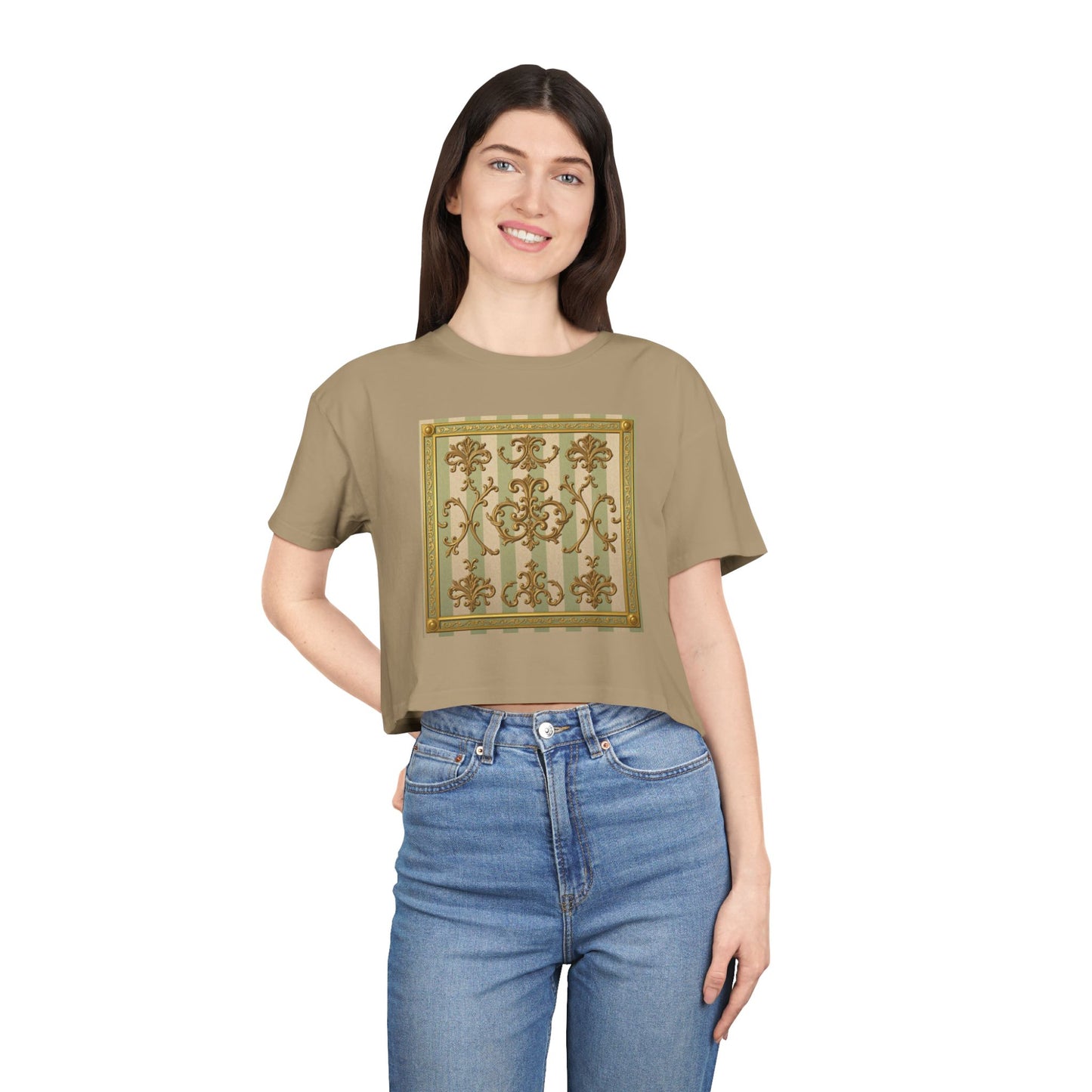 Stylish Women's Crop Tee with Elegant Print, Summer Fashion Top, Casual Chic Shirt, Gift for Her, Trendy Outfit - Mint & Beige Striped Gold Baroque