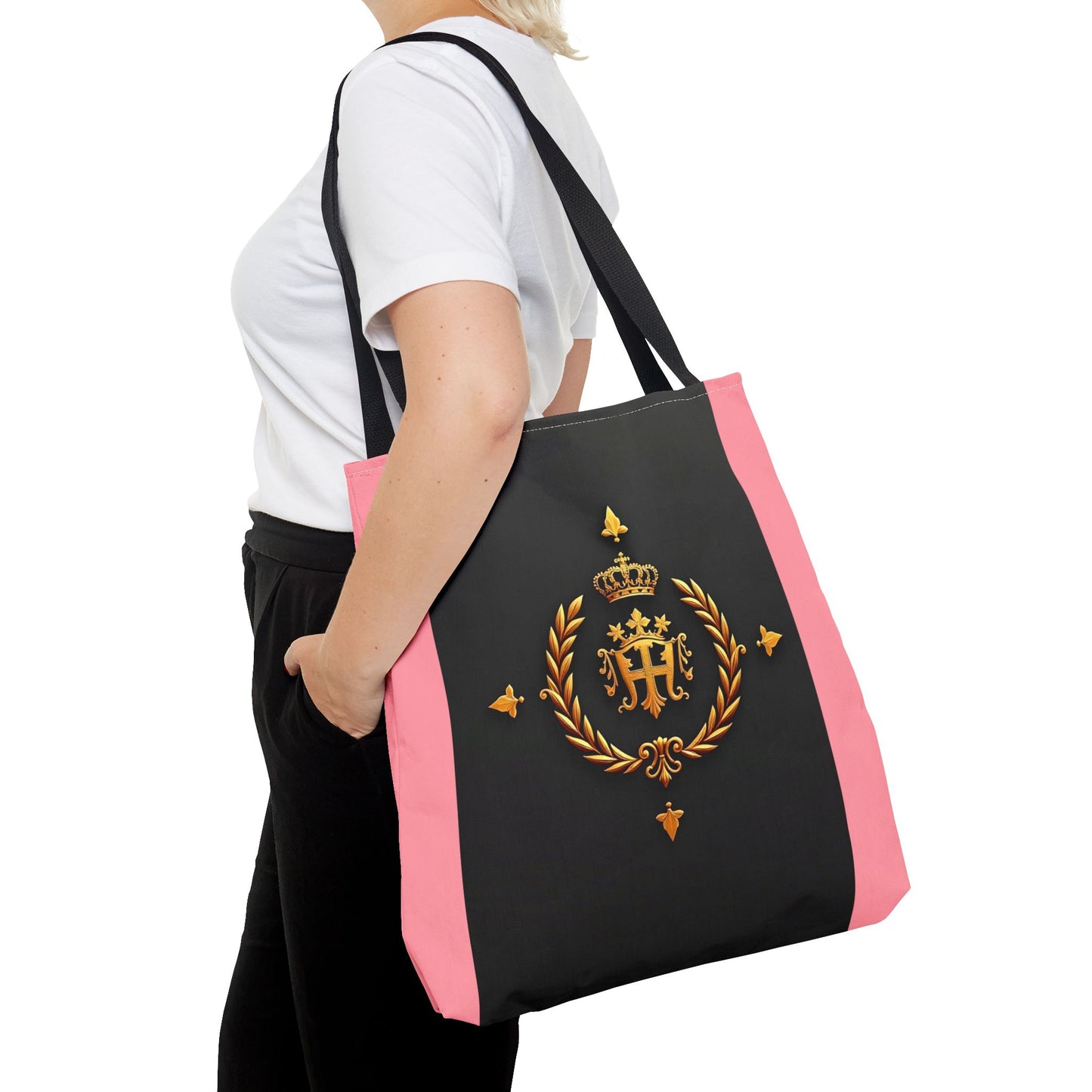 Elegant Monogrammed Tote Bag - Chic Shopper, Eco-Friendly Carryall, Personalized Gift, Stylish Accessory - Pink Striped Gold Crest