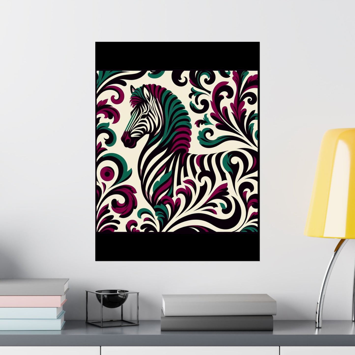 Floral Art Poster - Elegant Matte Vertical Wall Decor - Burgundy & Green Zebra Damask Design