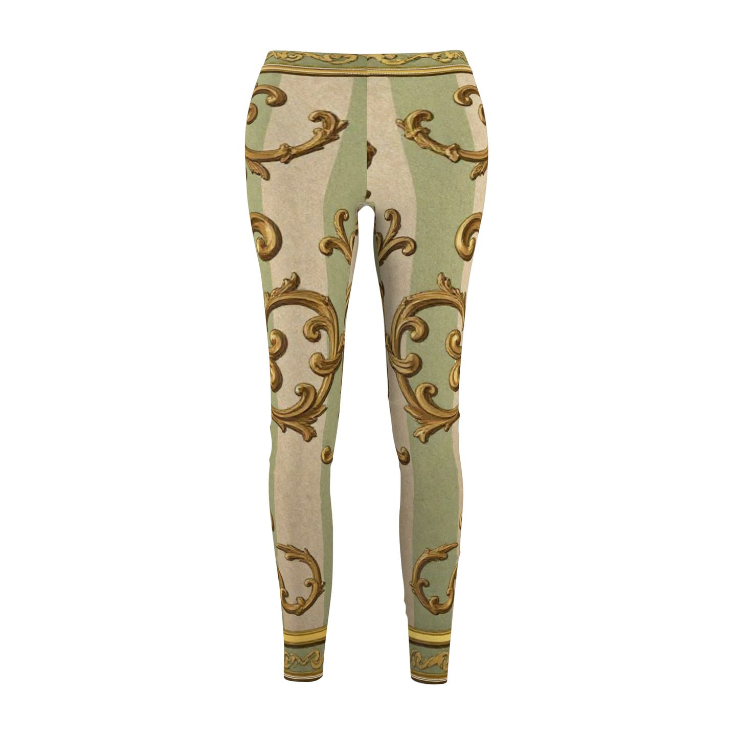 Elegant Vintage Print Leggings, Stylish Activewear, Comfortable Casual Wear, Perfect for Yoga - Mint & Beige Striped Gold Baroque