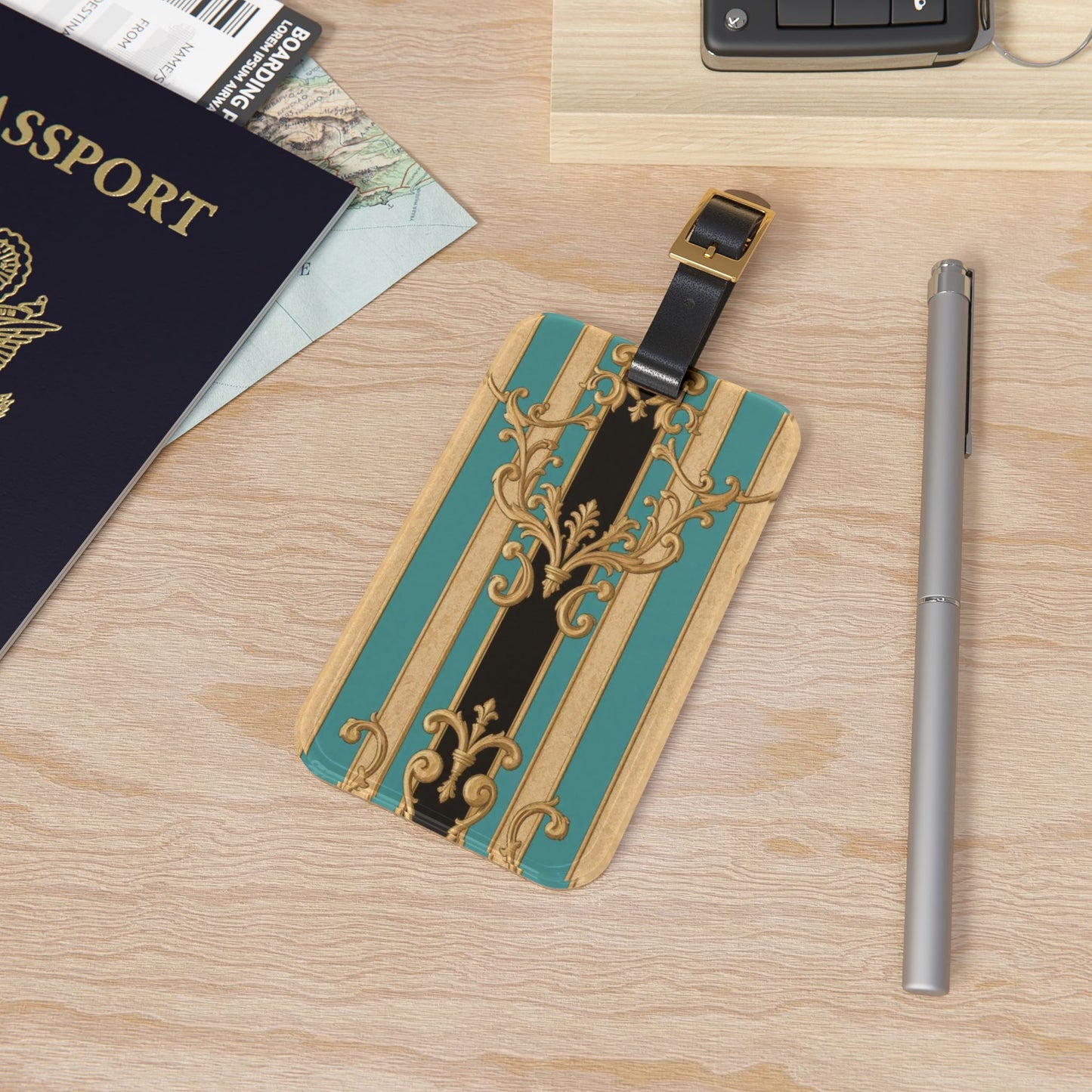 Elegant Black, Tan & Ocean Green Striped Gold Baroque Vintage Luggage Tag, Travel Accessory, Personalized Baggage Identifier, Great for Gifts