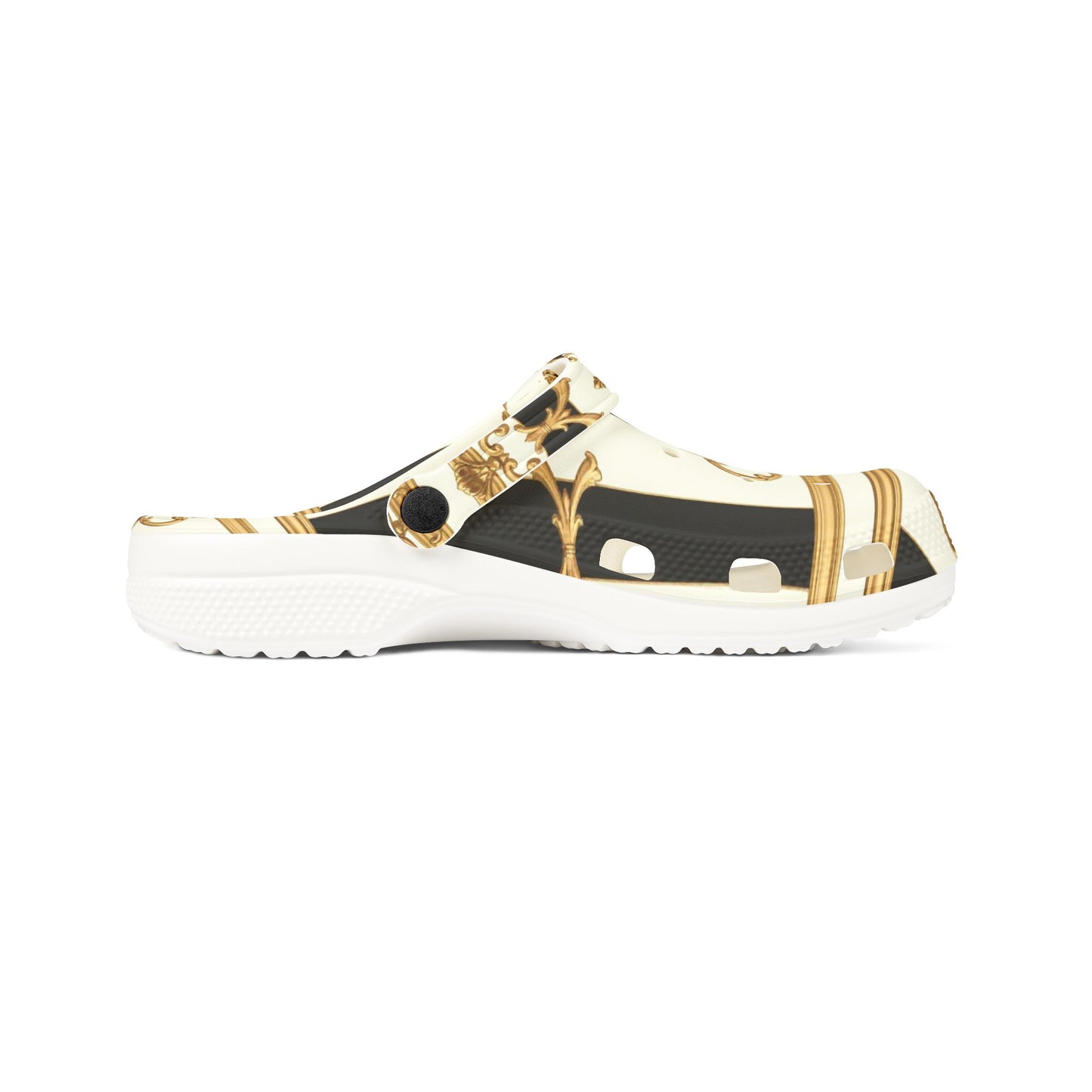 Chic EVA Foam Rubber Clogs, Stylish Gardening Shoes, Unique Pattern Slippers, Trendy Indoor/Outdoor Footwear - Black & White Striped Gold Baroque