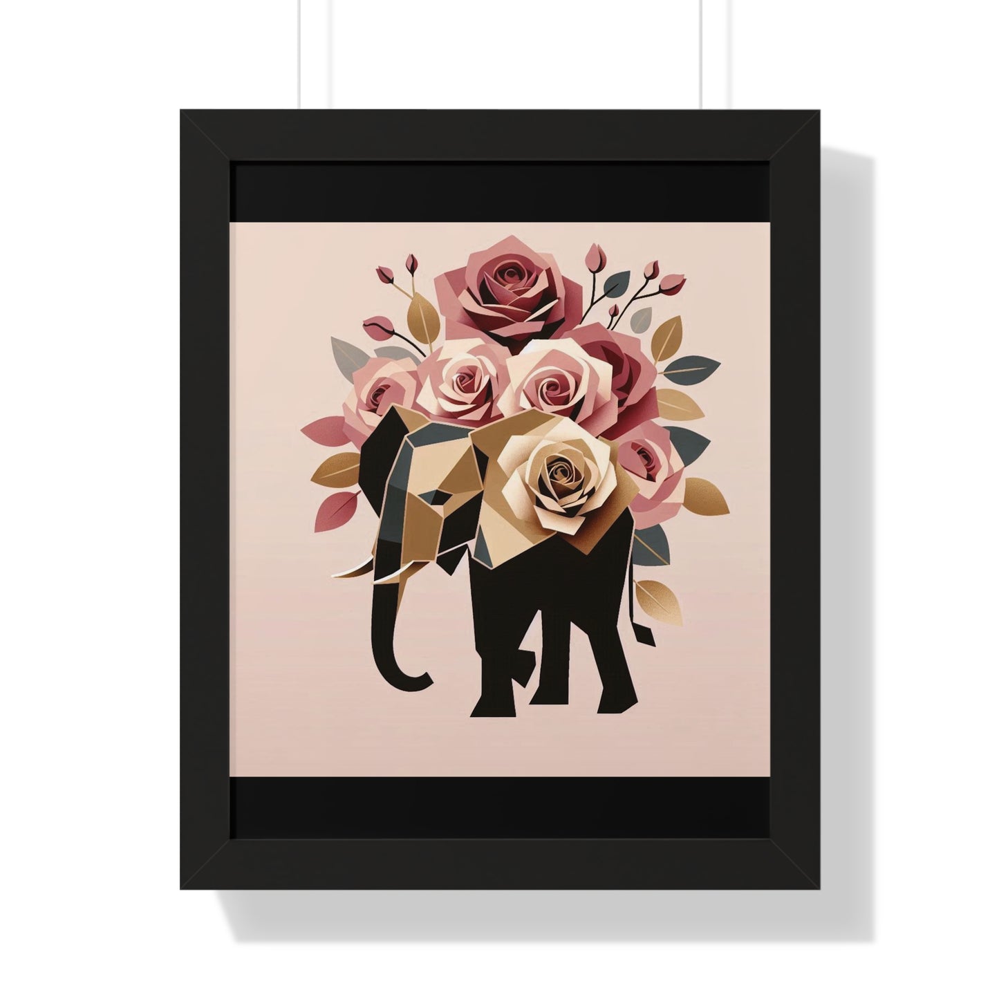 Vertical Poster - Black & Gold Elephant & Roses Wall Art