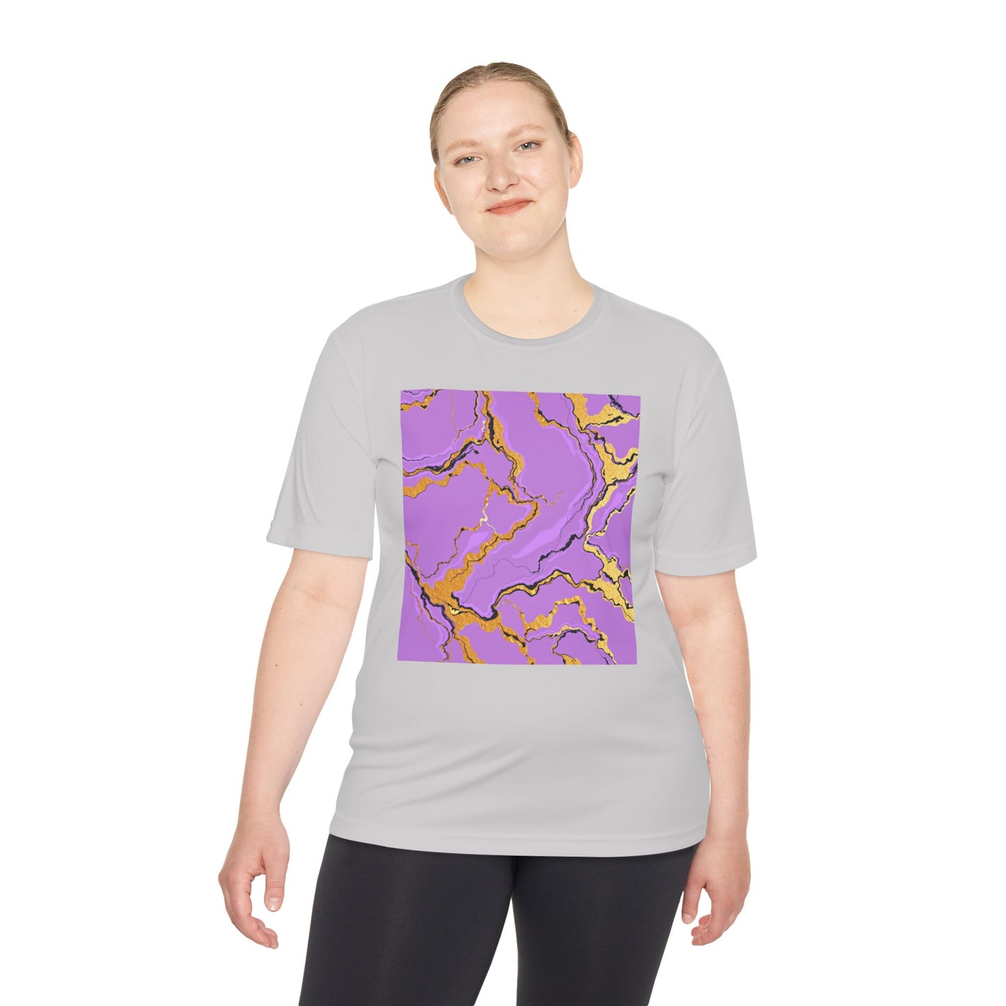 Unisex Moisture-Wicking Tee with Purple and Gold Marble Design - Athletic Shirt, Casual Wear, Fitness Apparel, Summer Style, Gift Idea