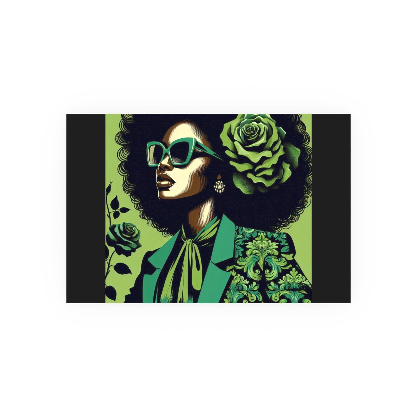 Chic Afrocentric Art Poster, Vibrant Wall Décor, Stylish Home Decoration, Damask Chic Art Print - Lady In Green Damask